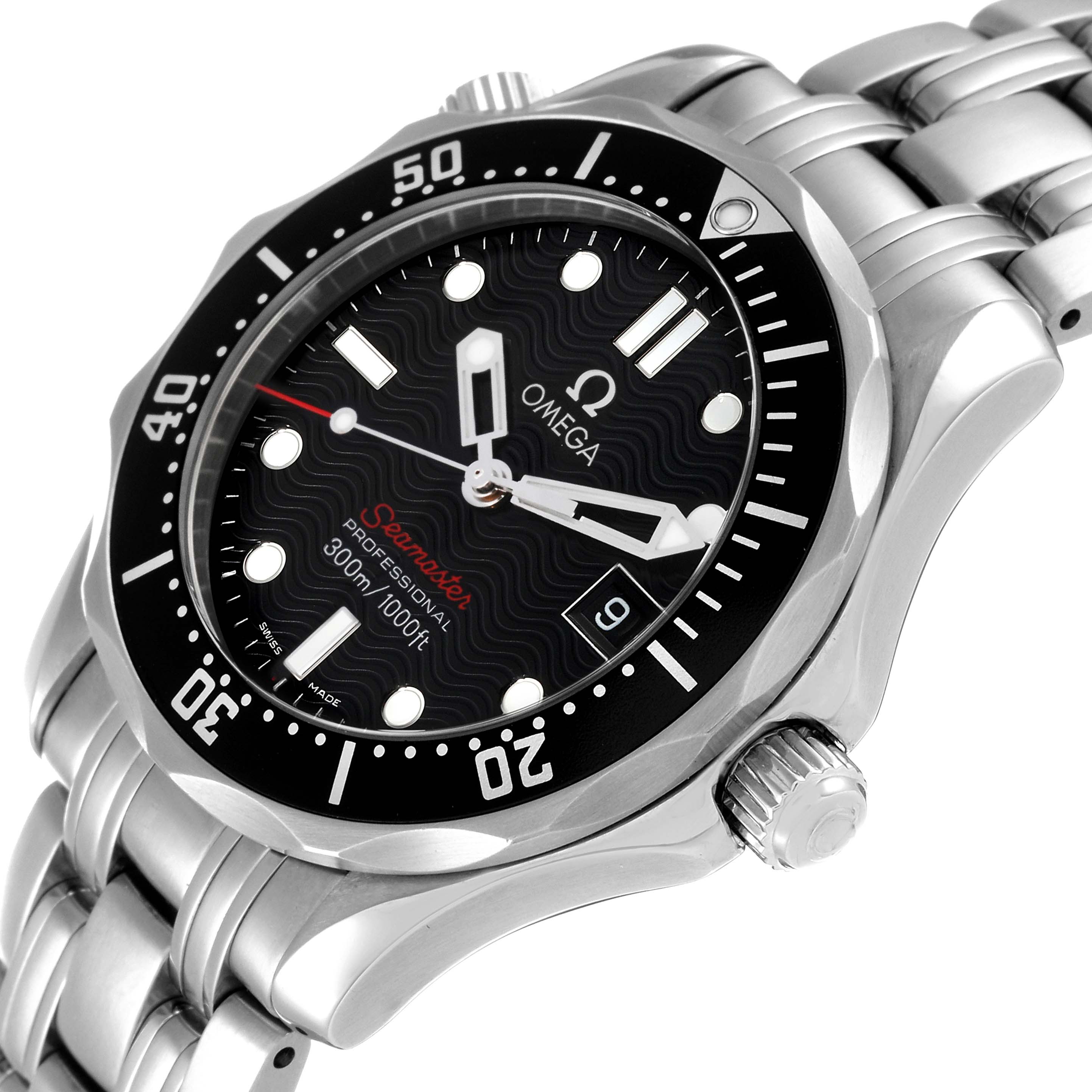The image shows the front and side angle of an Omega Seamaster 212.30.36.61.01.001 Men's Stainless Steel Black Dial 212.30.36.61.01.001 Men's Stainless Steel Black Dial watch, highlighting the dial, bezel, crown, and stainless steel bracelet.