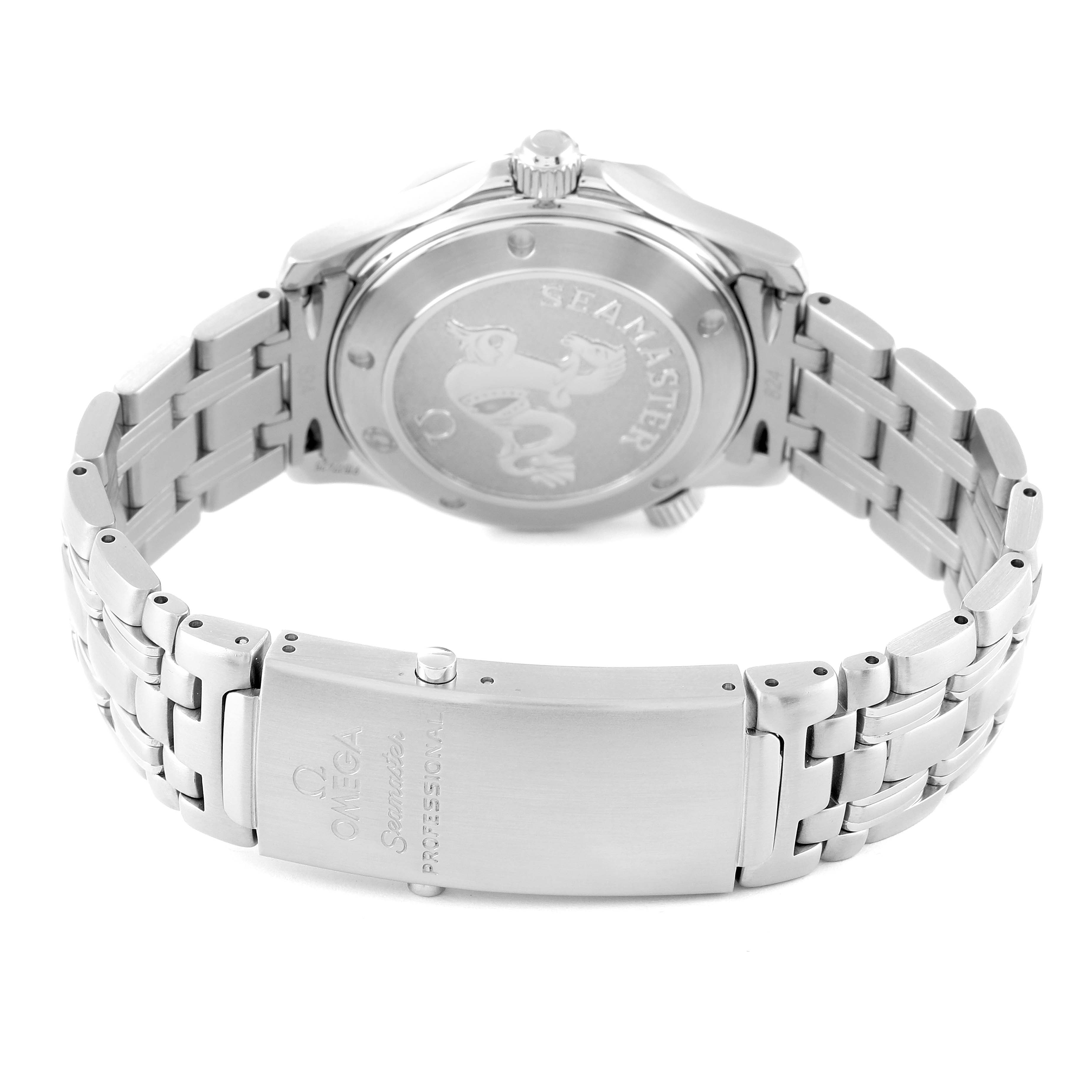 The image shows the back view of an Omega Seamaster 212.30.36.61.01.001 Men's Stainless Steel Black Dial 212.30.36.61.01.001 Men's Stainless Steel Black Dial watch, highlighting its case back and stainless steel bracelet with clasp.