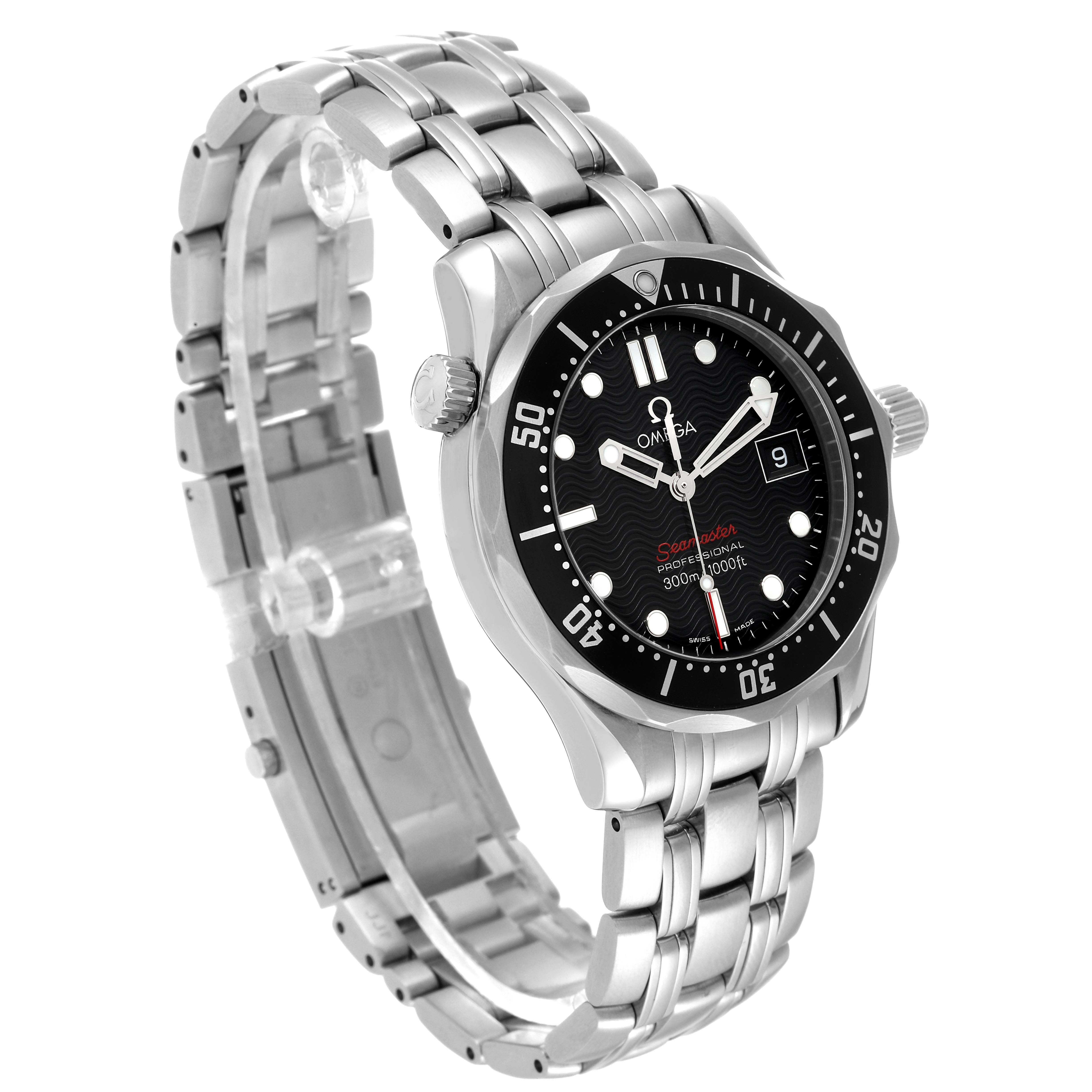 This Omega Seamaster 212.30.36.61.01.001 Men's Stainless Steel Black Dial 212.30.36.61.01.001 Men's Stainless Steel Black Dial watch is shown at a 3/4 angle, displaying its face, bezel, crown, and stainless steel bracelet.
