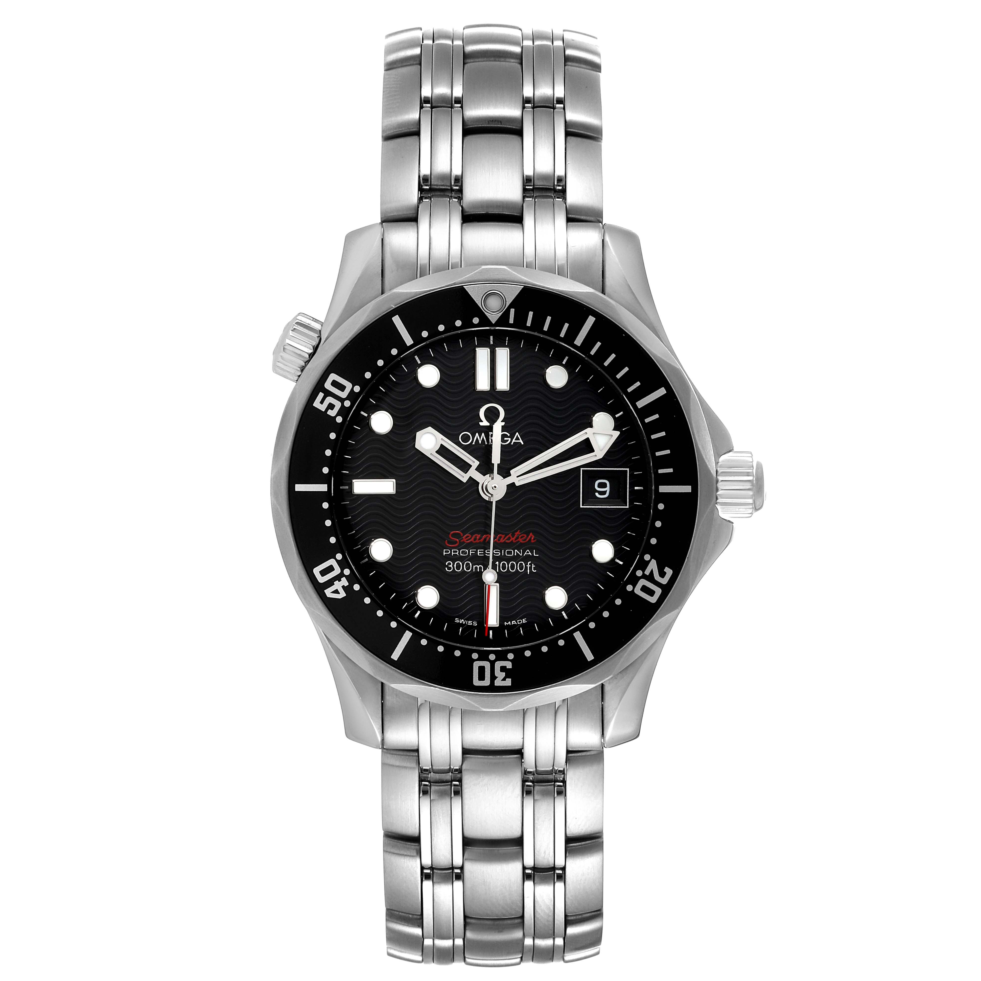 The image shows a front view of an Omega Seamaster 212.30.36.61.01.001 Men's Stainless Steel Black Dial 212.30.36.61.01.001 Men's Stainless Steel Black Dial watch featuring a black dial and stainless steel bracelet.