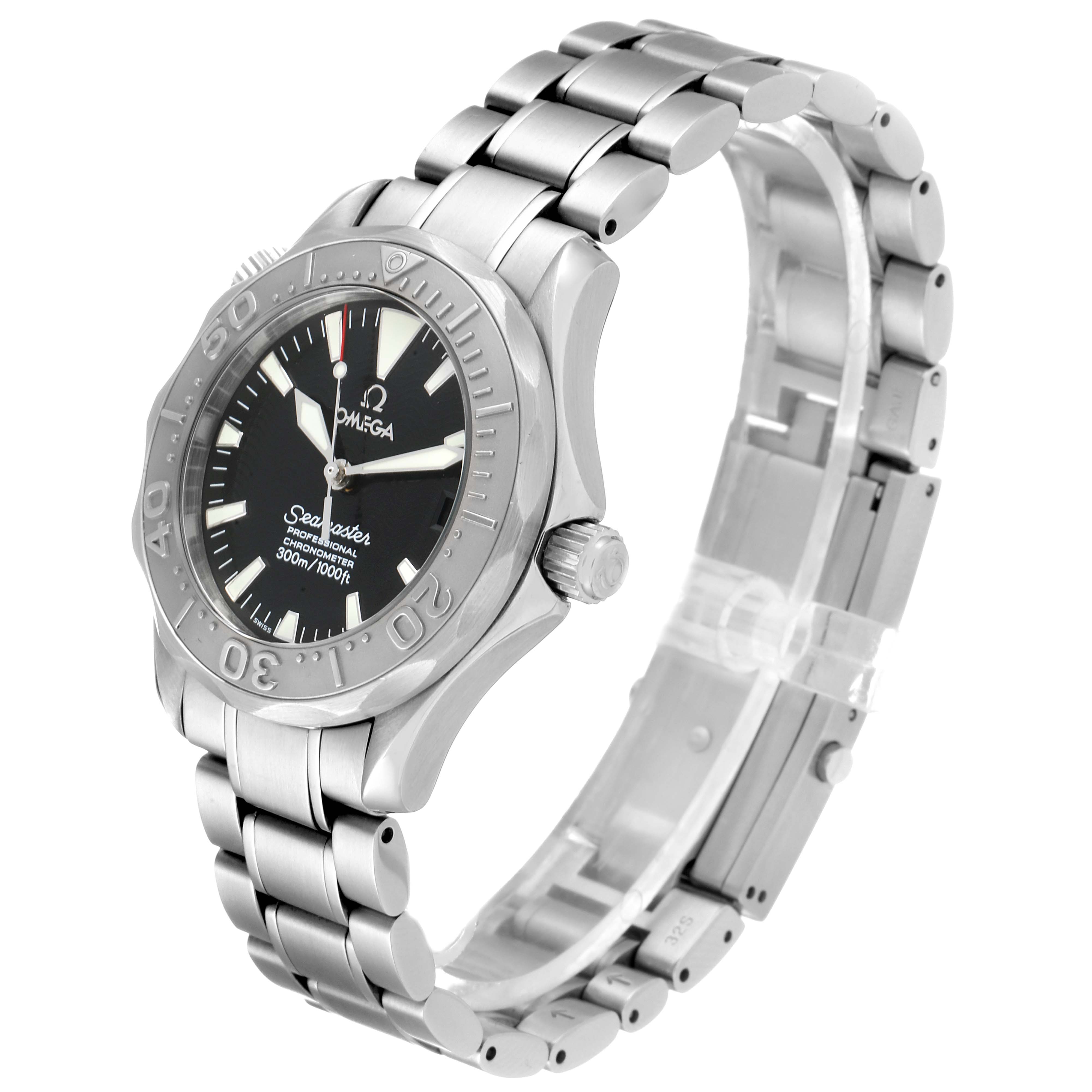 The image shows an Omega Seamaster 2236.50.00 Men
s Stainless Steel Black Dial 2236.50.00 Men
s Stainless Steel Black Dial watch at a three-quarter angle, highlighting the face, bezel, crown, and bracelet.