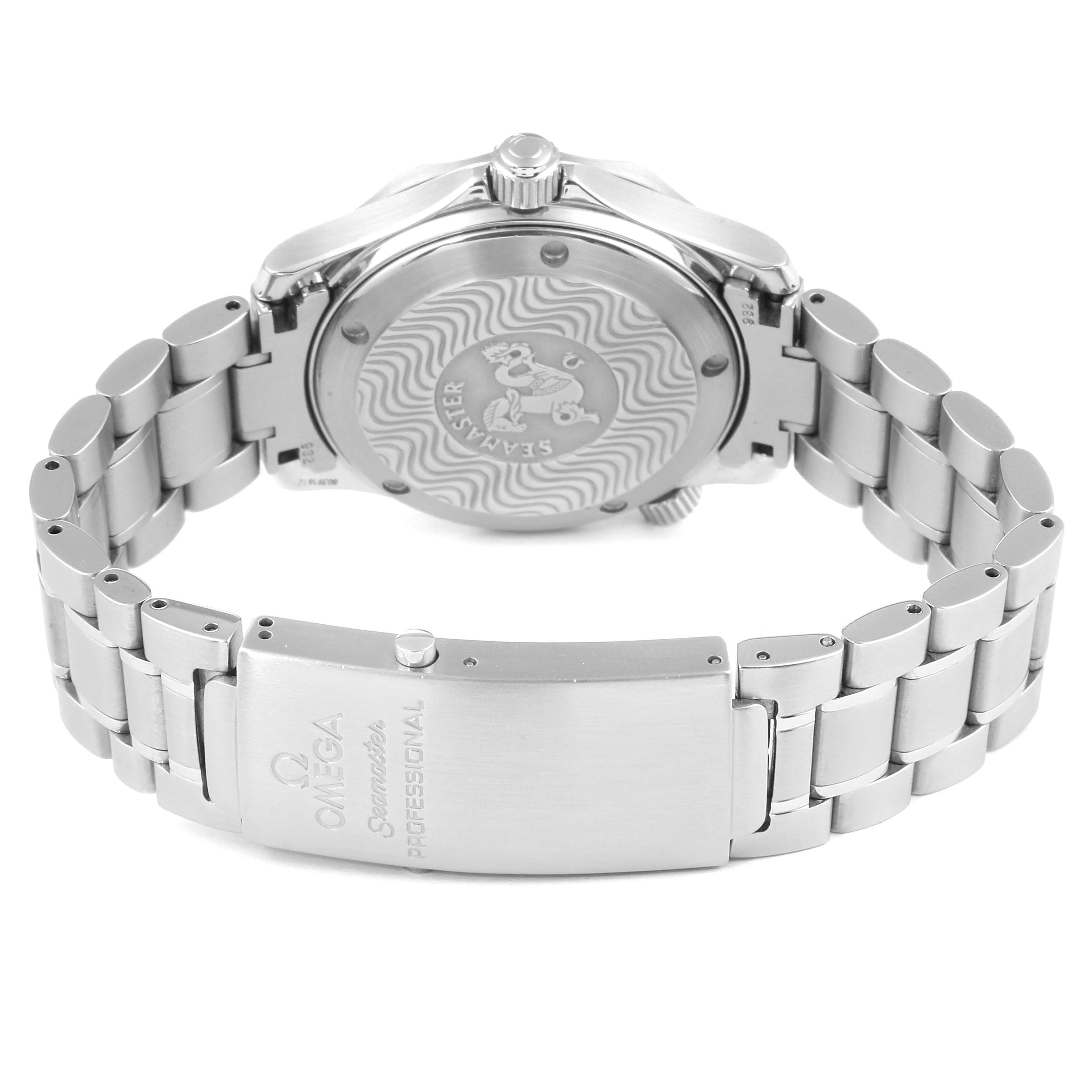 The image shows the back view of an Omega Seamaster 2236.50.00 Men
s Stainless Steel Black Dial 2236.50.00 Men
s Stainless Steel Black Dial watch, highlighting the case back, bracelet, and clasp.