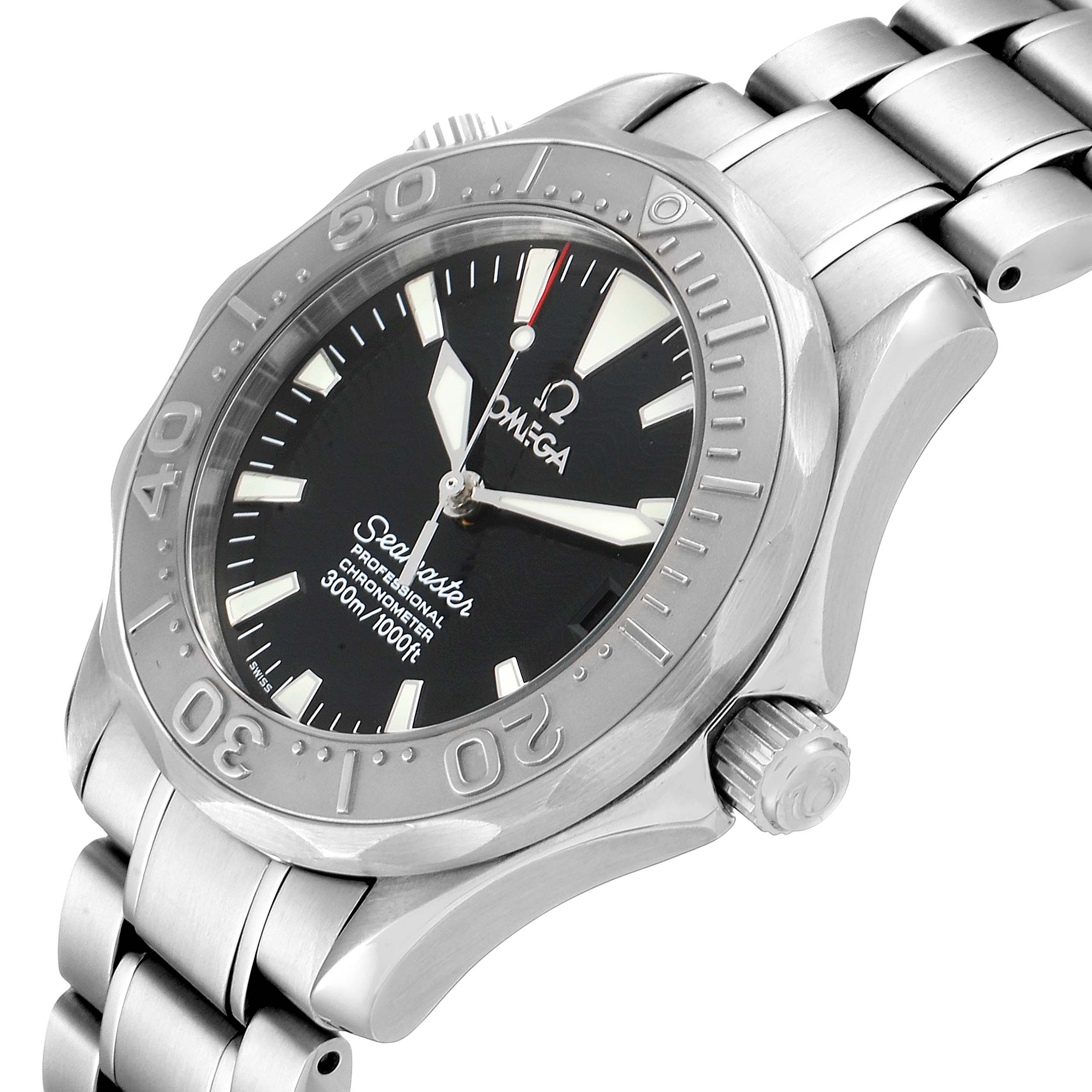 The image shows a close-up angled view of the Omega Seamaster 2236.50.00 Men
s Stainless Steel Black Dial 2236.50.00 Men
s Stainless Steel Black Dial watch displaying its bezel, dial, and stainless steel bracelet.