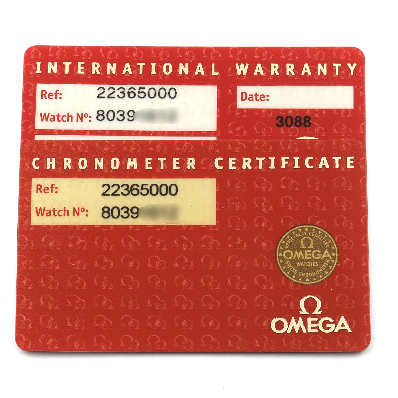 The image shows the International Warranty and Chronometer Certificate cards for the Omega Seamaster 2236.50.00 Men
s Stainless Steel Black Dial 2236.50.00 Men
s Stainless Steel Black Dial watch model.