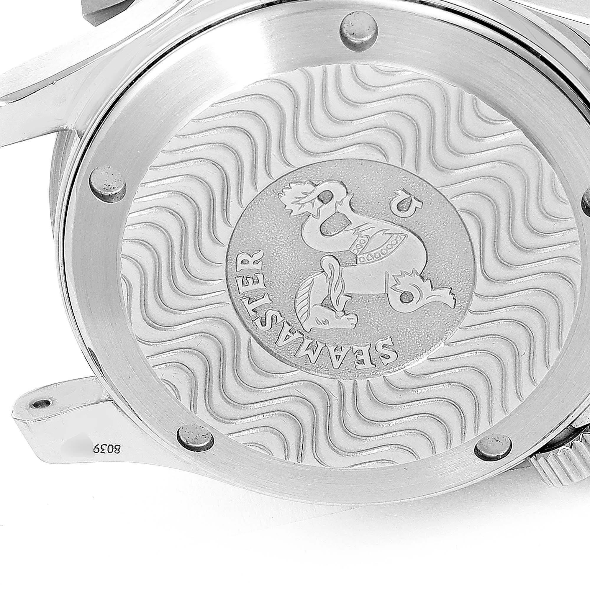 The image shows the intricately designed case back of an Omega Seamaster 2236.50.00 Men
s Stainless Steel Black Dial 2236.50.00 Men
s Stainless Steel Black Dial watch, viewed from the underside.