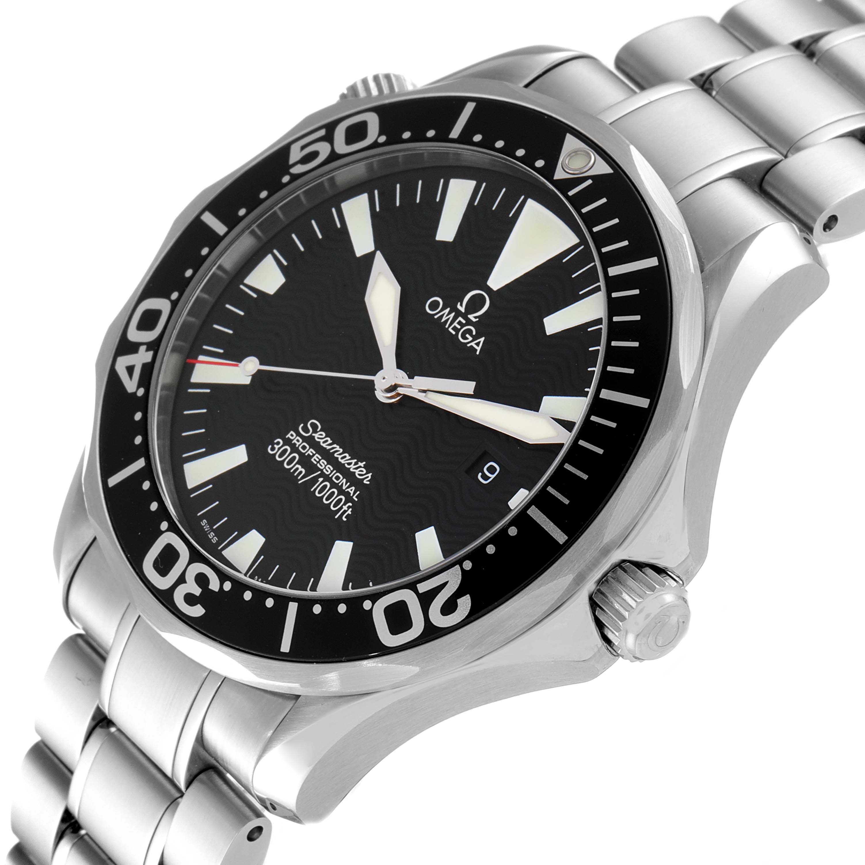 The image displays a partial side angle of the Omega Seamaster 2264.50.00 Men's Stainless Steel Black Dial 2264.50.00 Men's Stainless Steel Black Dial watch, showcasing the dial, bezel, crown, and part of the bracelet.