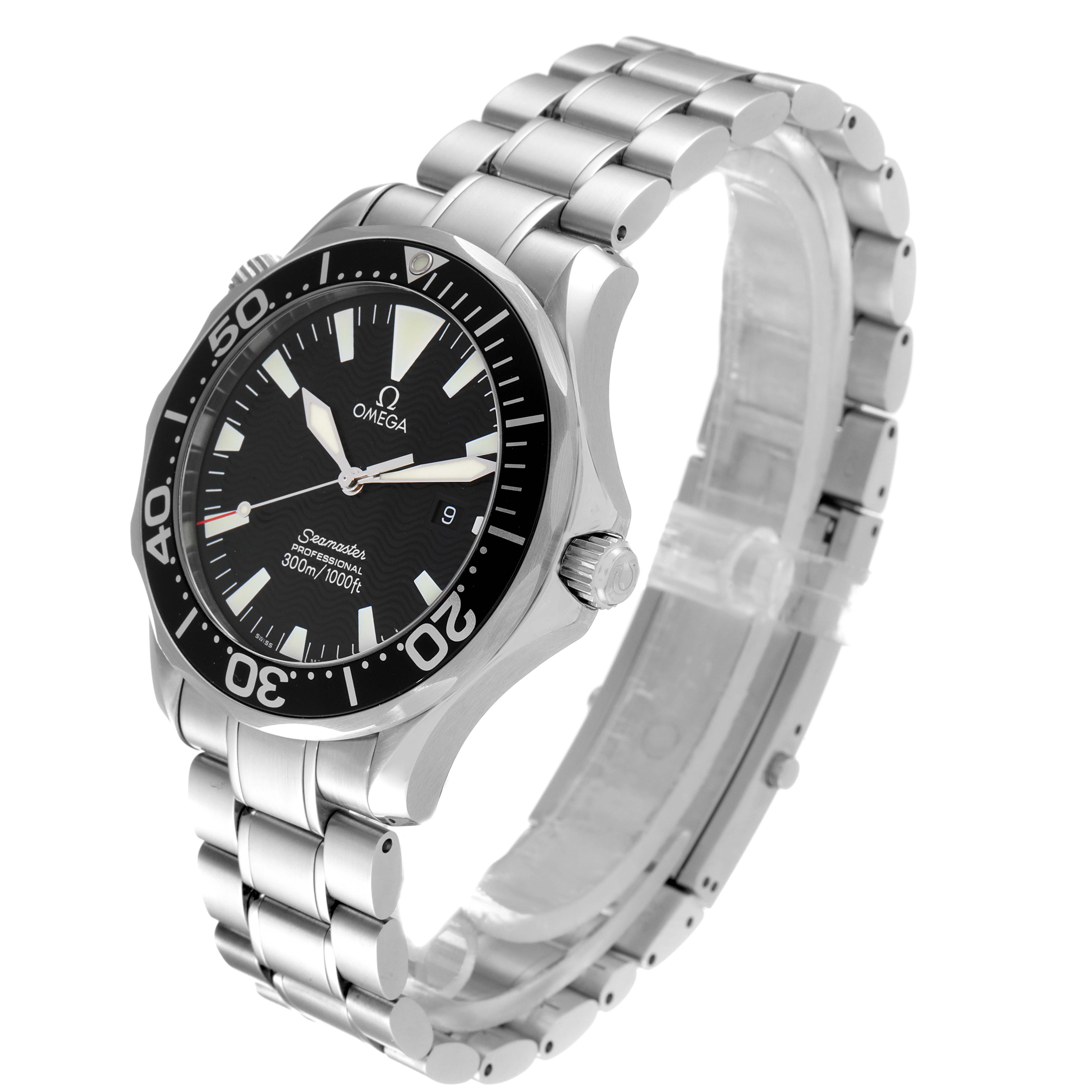 The Omega Seamaster 2264.50.00 Men's Stainless Steel Black Dial 2264.50.00 Men's Stainless Steel Black Dial watch is shown at a three-quarter angle, highlighting the dial, bezel, bracelet, and crown.
