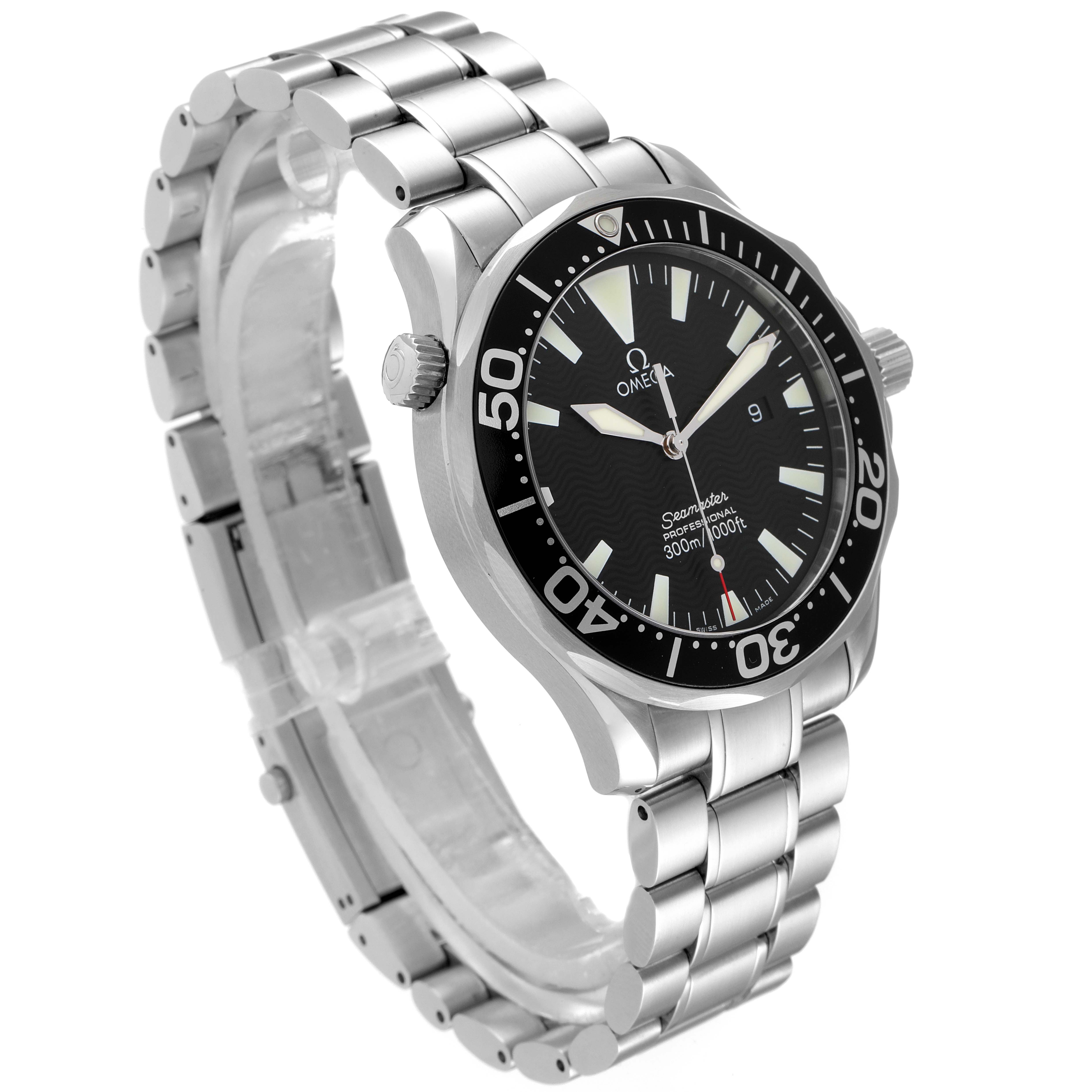 This image shows an angled view of the Omega Seamaster 2264.50.00 Men's Stainless Steel Black Dial 2264.50.00 Men's Stainless Steel Black Dial watch, highlighting its bracelet, bezel, and dial.