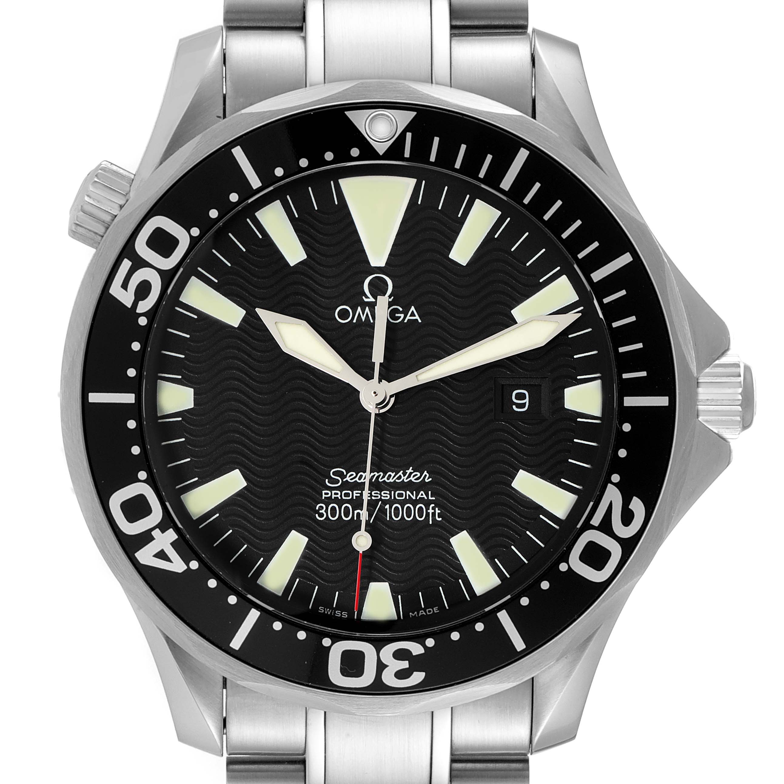 The image shows a front view of an Omega Seamaster 2264.50.00 Men's Stainless Steel Black Dial 2264.50.00 Men's Stainless Steel Black Dial Professional watch, highlighting the black dial, hands, bezel, and bracelet.