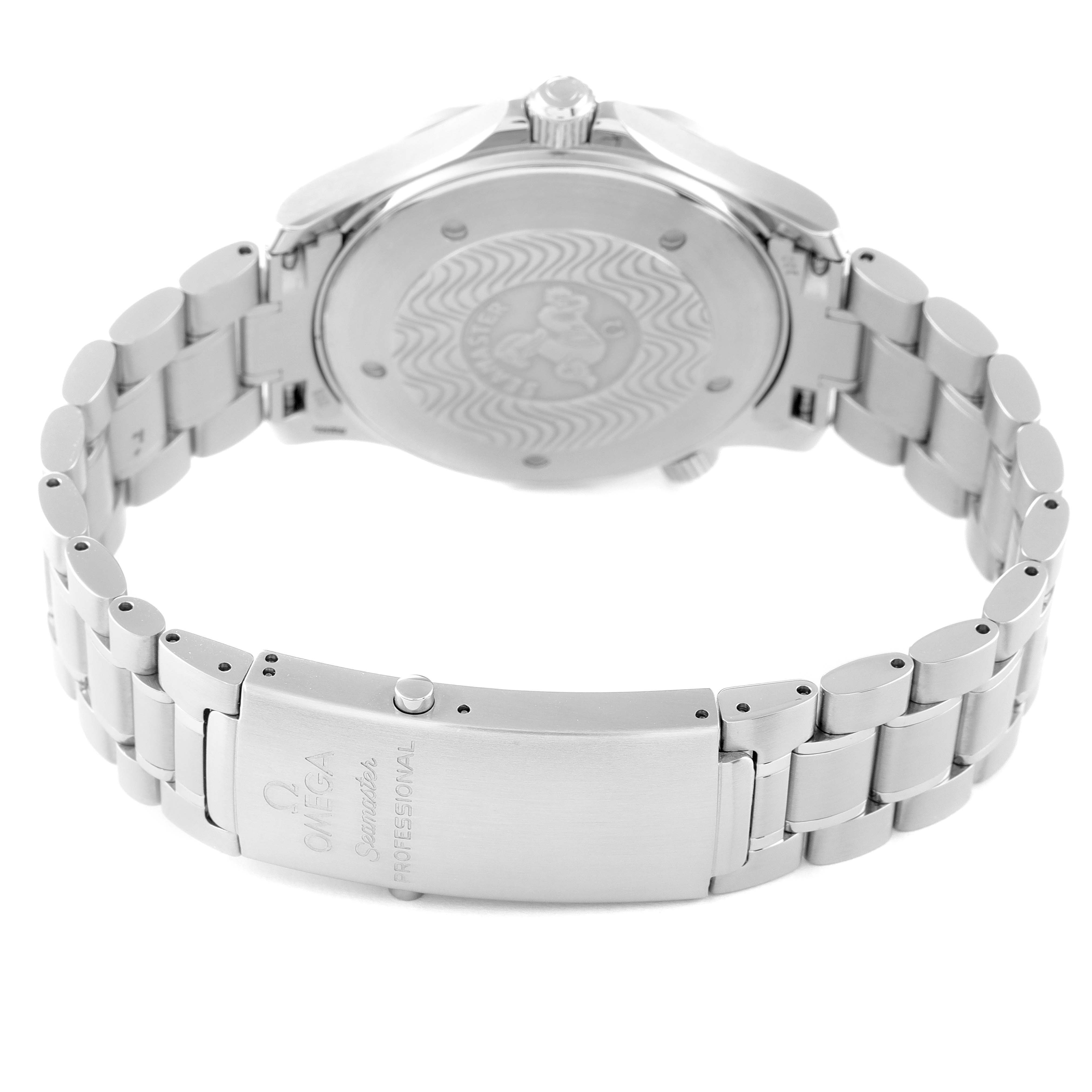 This image shows the back and clasp of an Omega Seamaster 2264.50.00 Men's Stainless Steel Black Dial 2264.50.00 Men's Stainless Steel Black Dial watch, featuring its stainless steel bracelet and engraved case back.