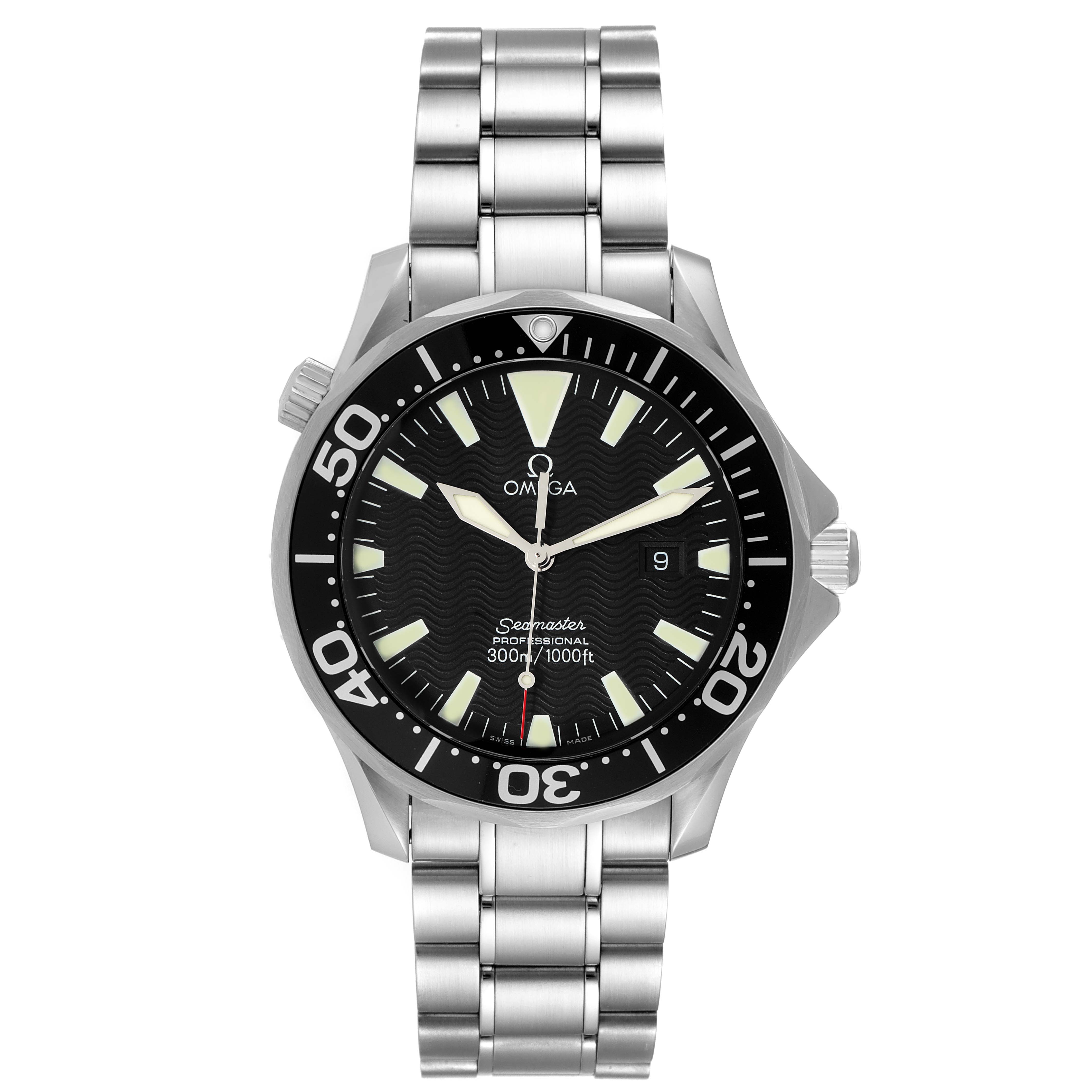 The image shows a front view of an Omega Seamaster 2264.50.00 Men's Stainless Steel Black Dial 2264.50.00 Men's Stainless Steel Black Dial watch, displaying the dial, bezel, and stainless steel bracelet.