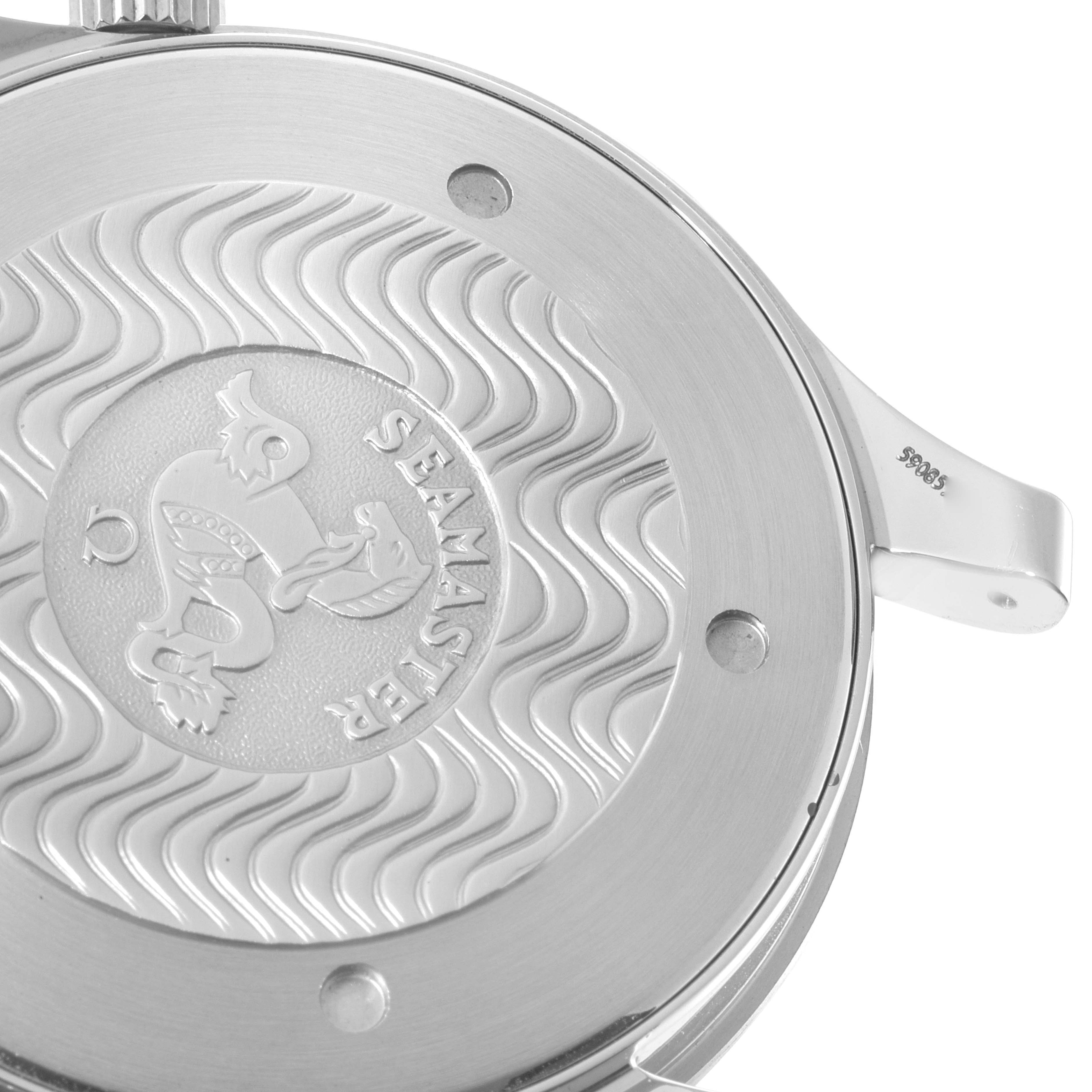 The image shows the backside of an Omega Seamaster 2264.50.00 Men's Stainless Steel Black Dial 2264.50.00 Men's Stainless Steel Black Dial watch, highlighting the engraved Seahorse logo and wave pattern.