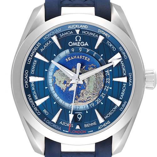 The Omega Aqua Terra 220.12.43.22.03.001 Men's Stainless Steel Blue Dial watch is shown from a top-down angle, highlighting the dial, bezel, and crown.