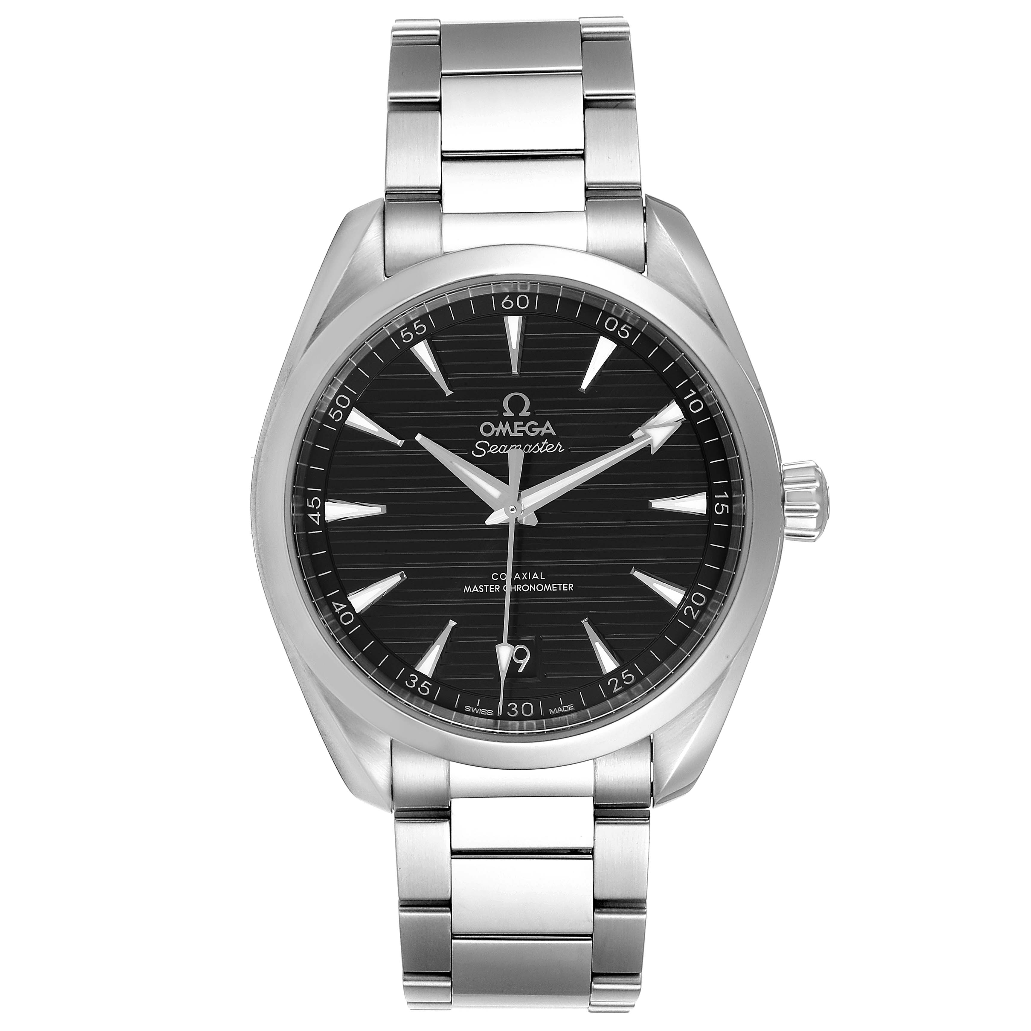 The Omega Aqua Terra 220.10.41.21.01.001 Men's Stainless Steel Black Dial 220.10.41.21.01.001 Men's Stainless Steel Black Dial watch is shown from a front angle, highlighting its face, bezel, and metal bracelet.