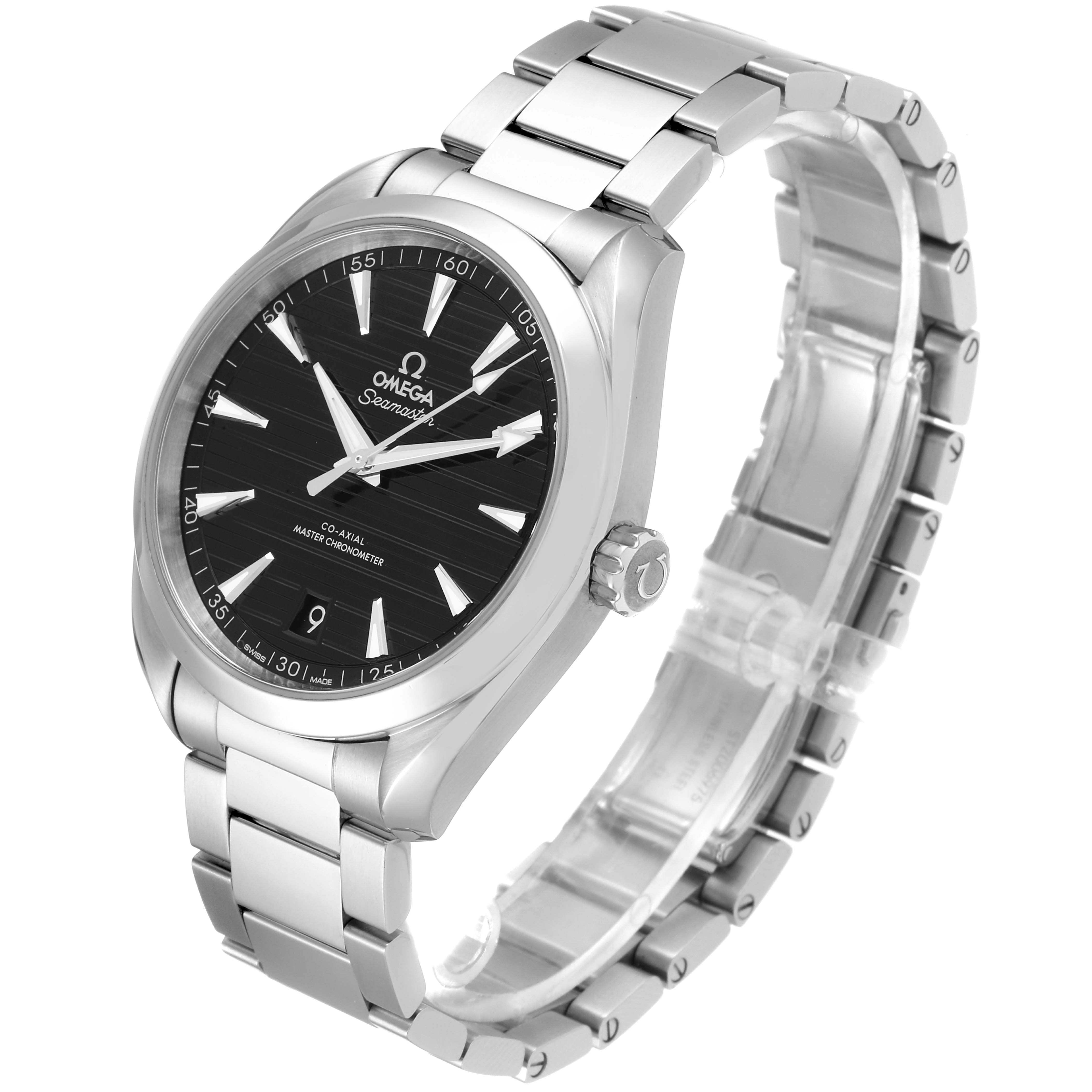 The Omega Aqua Terra 220.10.41.21.01.001 Men's Stainless Steel Black Dial 220.10.41.21.01.001 Men's Stainless Steel Black Dial watch is shown from a front angle, displaying its black dial, silver case, bracelet, and crown.