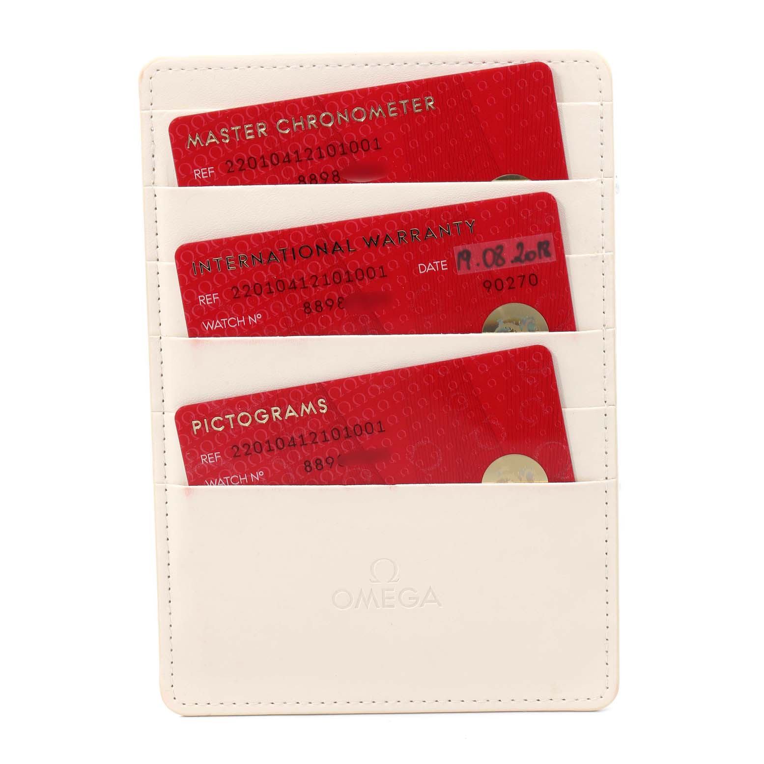 The image shows warranty and chronometer cards for the Omega Aqua Terra 220.10.41.21.01.001 Men's Stainless Steel Black Dial 220.10.41.21.01.001 Men's Stainless Steel Black Dial model in a white cardholder.