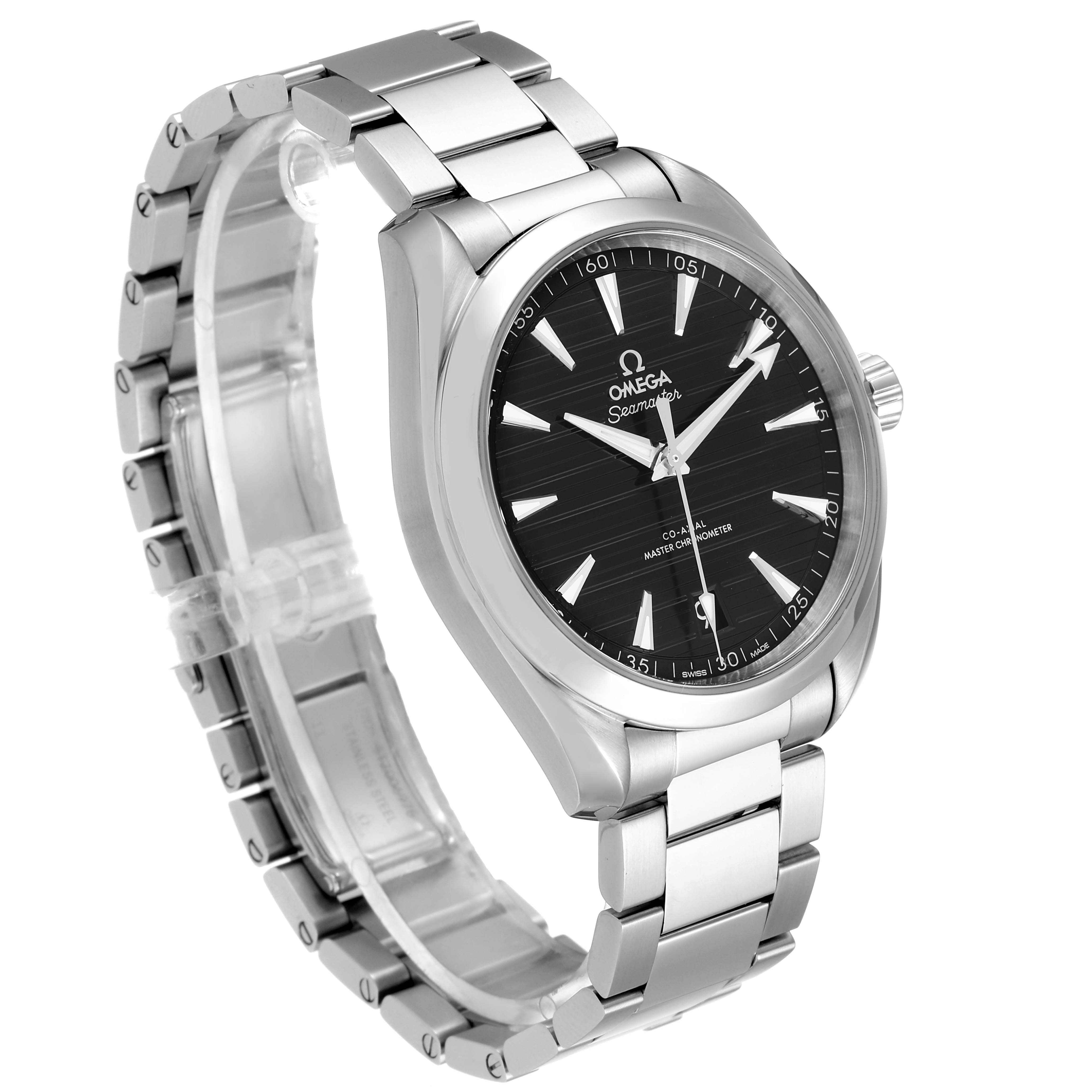 The image shows an Omega Aqua Terra 220.10.41.21.01.001 Men's Stainless Steel Black Dial 220.10.41.21.01.001 Men's Stainless Steel Black Dial watch at a three-quarter angle, highlighting the face, bezel, and metal bracelet.