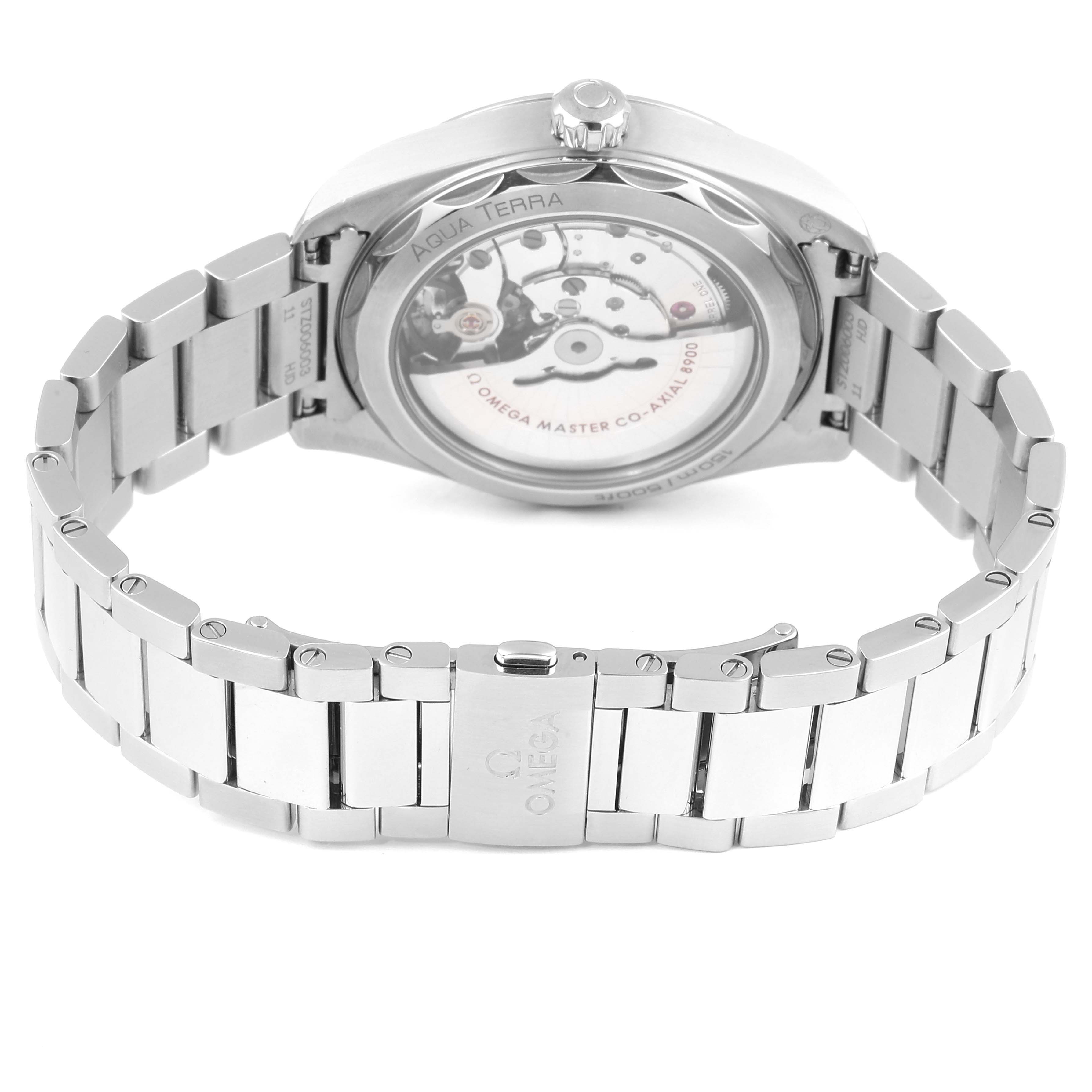 This image shows the back view of the Omega Aqua Terra 220.10.41.21.01.001 Men's Stainless Steel Black Dial 220.10.41.21.01.001 Men's Stainless Steel Black Dial watch, highlighting the bracelet and the transparent case back.