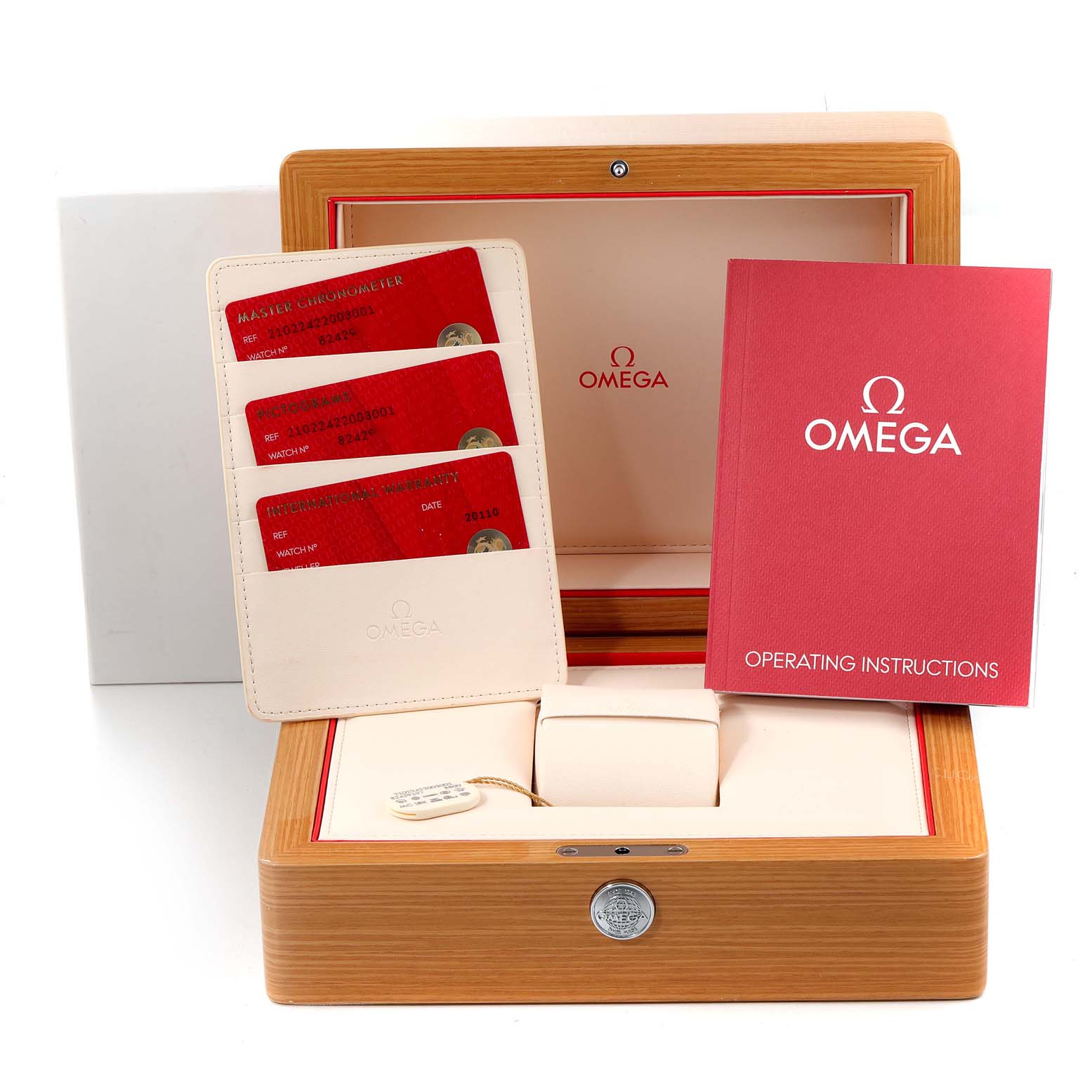 The image shows the Omega Seamaster 210.22.42.20.03.001 Men's Stainless Steel Blue Dial 210.22.42.20.03.001 Men's Stainless Steel Blue Dial watch box, operating instructions, and authentication cards.