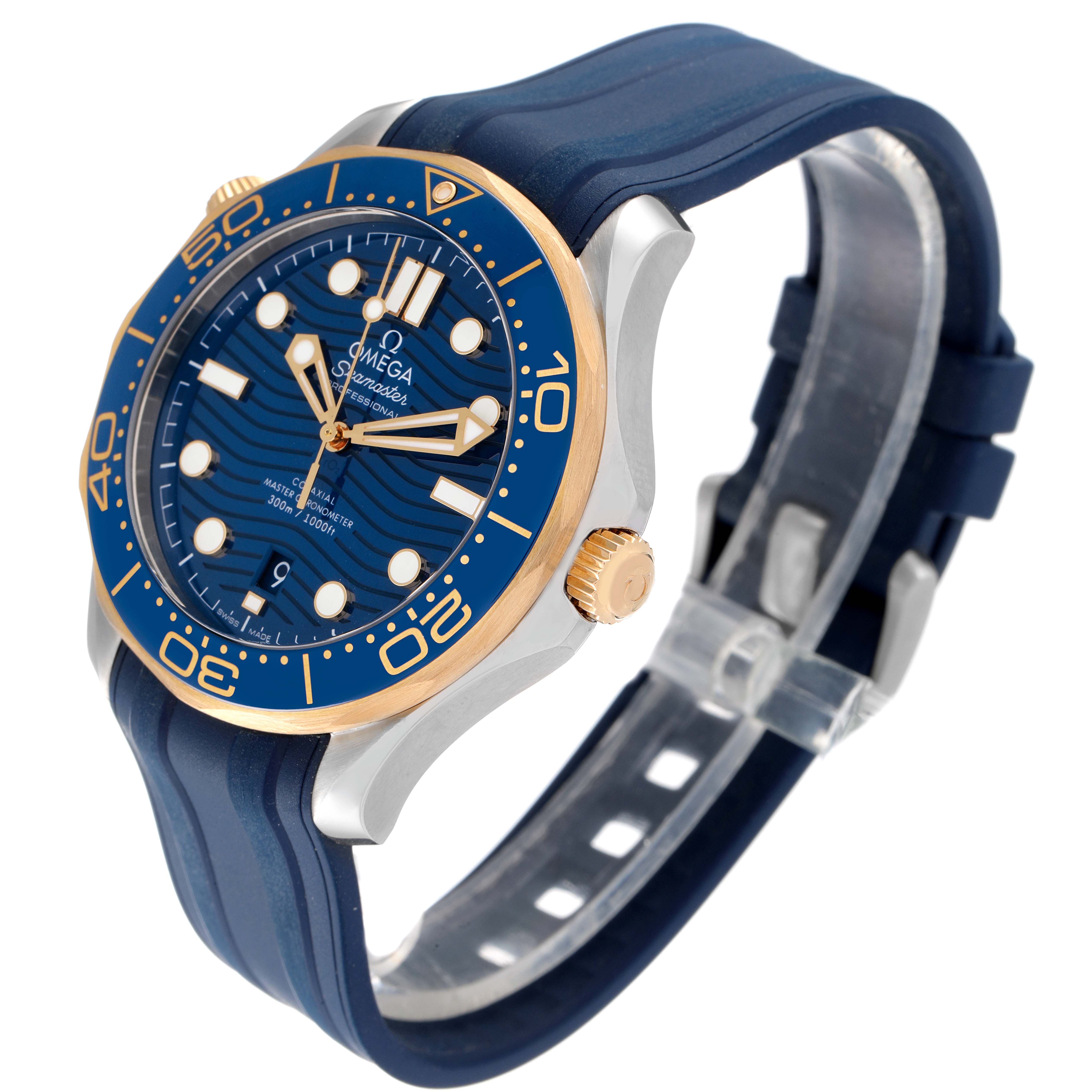 The image shows an Omega Seamaster 210.22.42.20.03.001 Men's Stainless Steel Blue Dial 210.22.42.20.03.001 Men's Stainless Steel Blue Dial watch from a three-quarter side angle, highlighting the blue bezel, dial, and rubber strap.