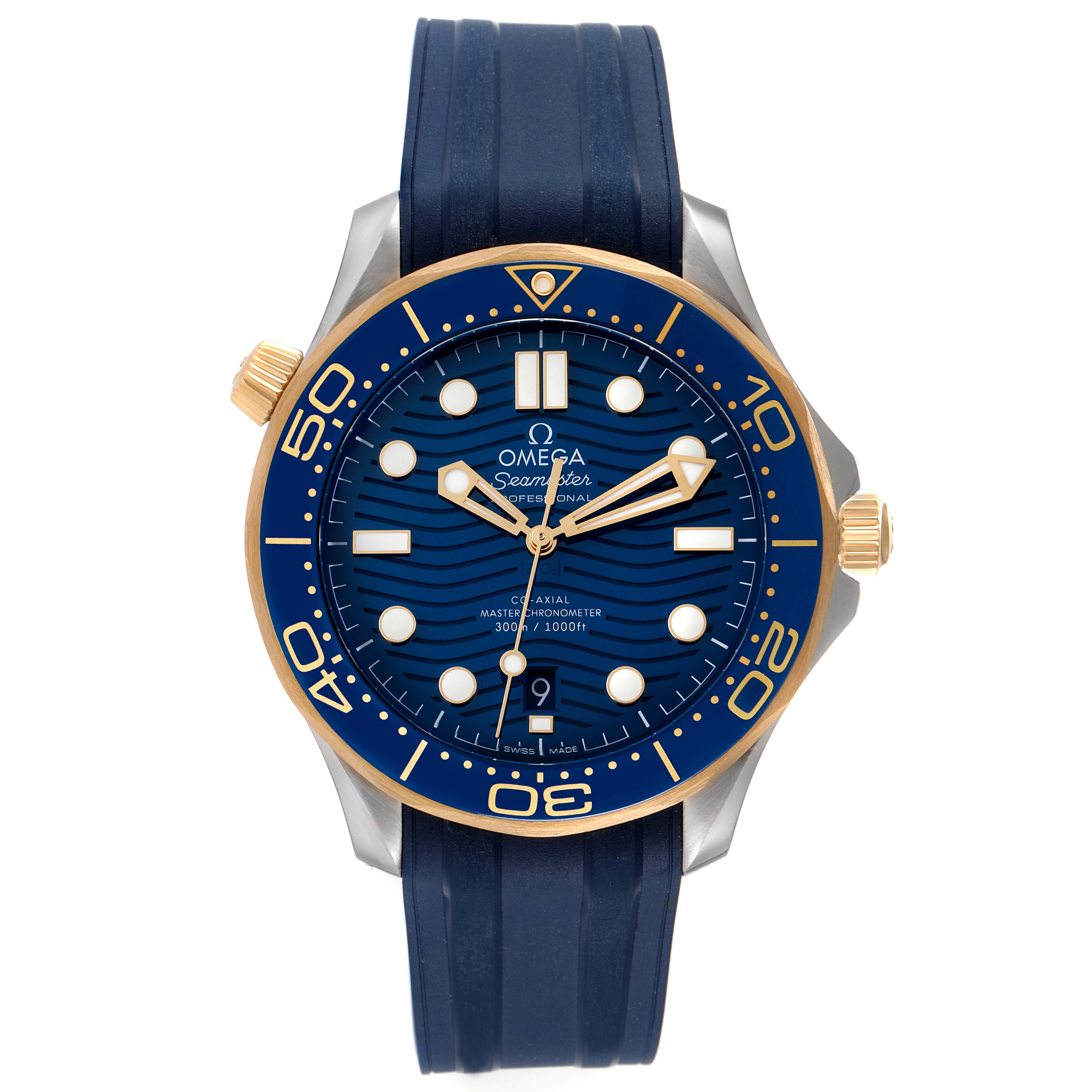 The image shows a front view of the Omega Seamaster 210.22.42.20.03.001 Men's Stainless Steel Blue Dial 210.22.42.20.03.001 Men's Stainless Steel Blue Dial watch, highlighting the face, bezel, and strap.