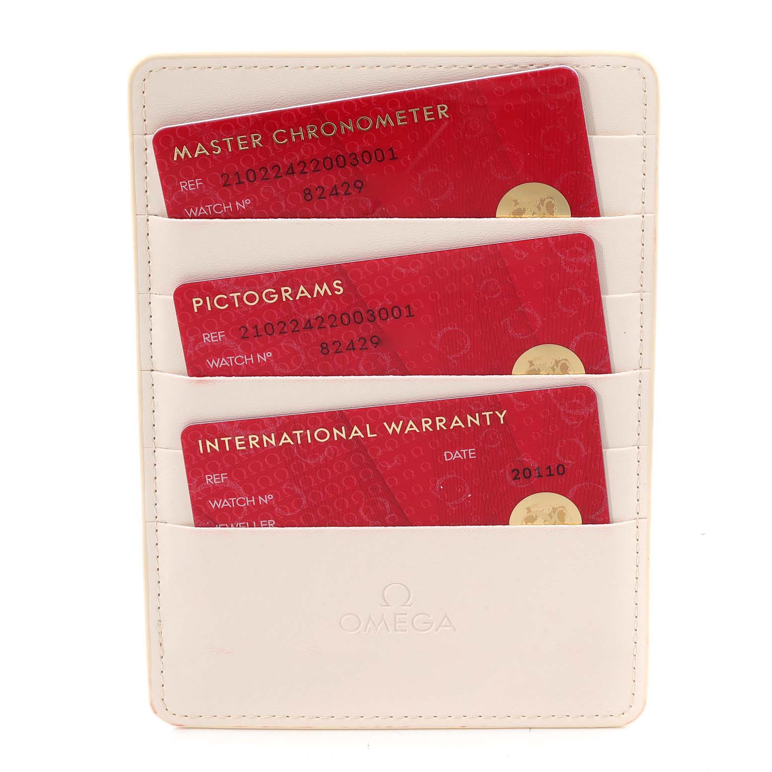 The image shows identification cards and warranty cards for the Omega Seamaster 210.22.42.20.03.001 Men's Stainless Steel Blue Dial 210.22.42.20.03.001 Men's Stainless Steel Blue Dial watch.