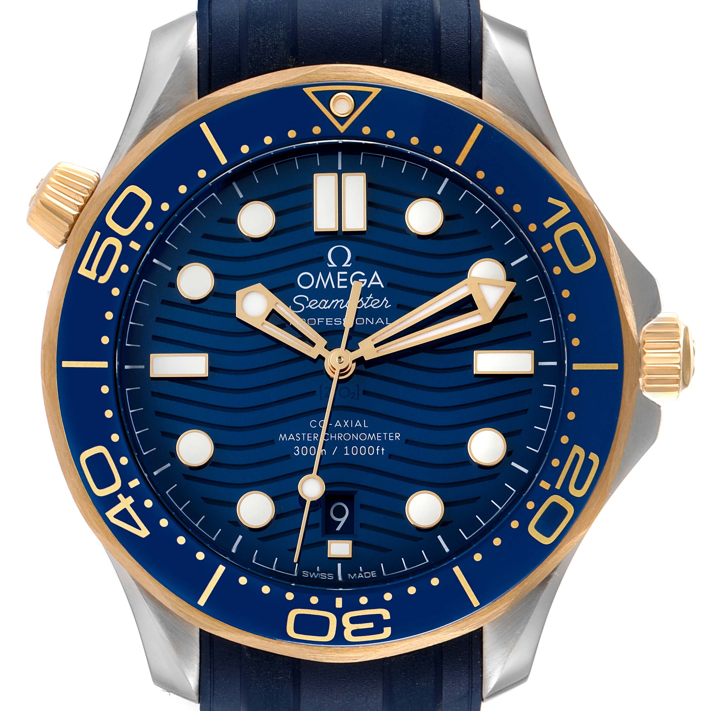 The image shows a frontal view of the Omega Seamaster 210.22.42.20.03.001 Men's Stainless Steel Blue Dial 210.22.42.20.03.001 Men's Stainless Steel Blue Dial watch, highlighting its blue dial, gold accents, and bezel.