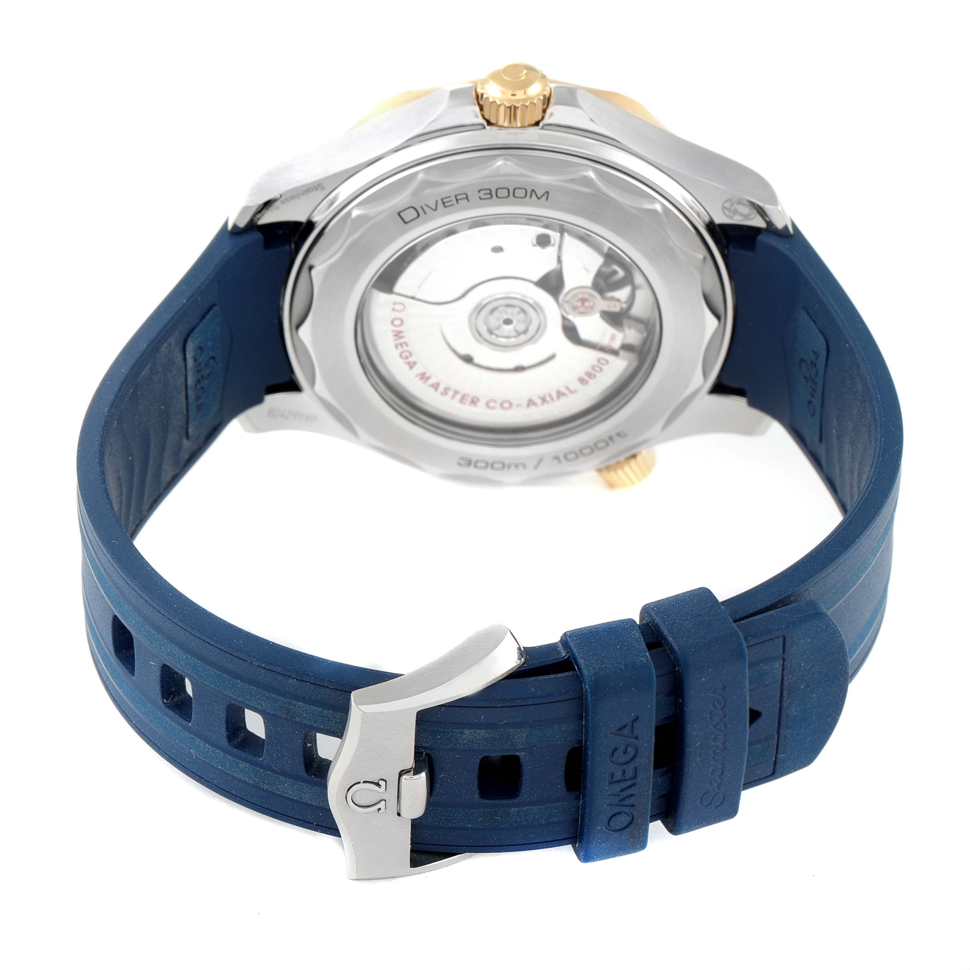 This image shows the back view of the Omega Seamaster 210.22.42.20.03.001 Men's Stainless Steel Blue Dial 210.22.42.20.03.001 Men's Stainless Steel Blue Dial watch with its blue strap and exposed movement.