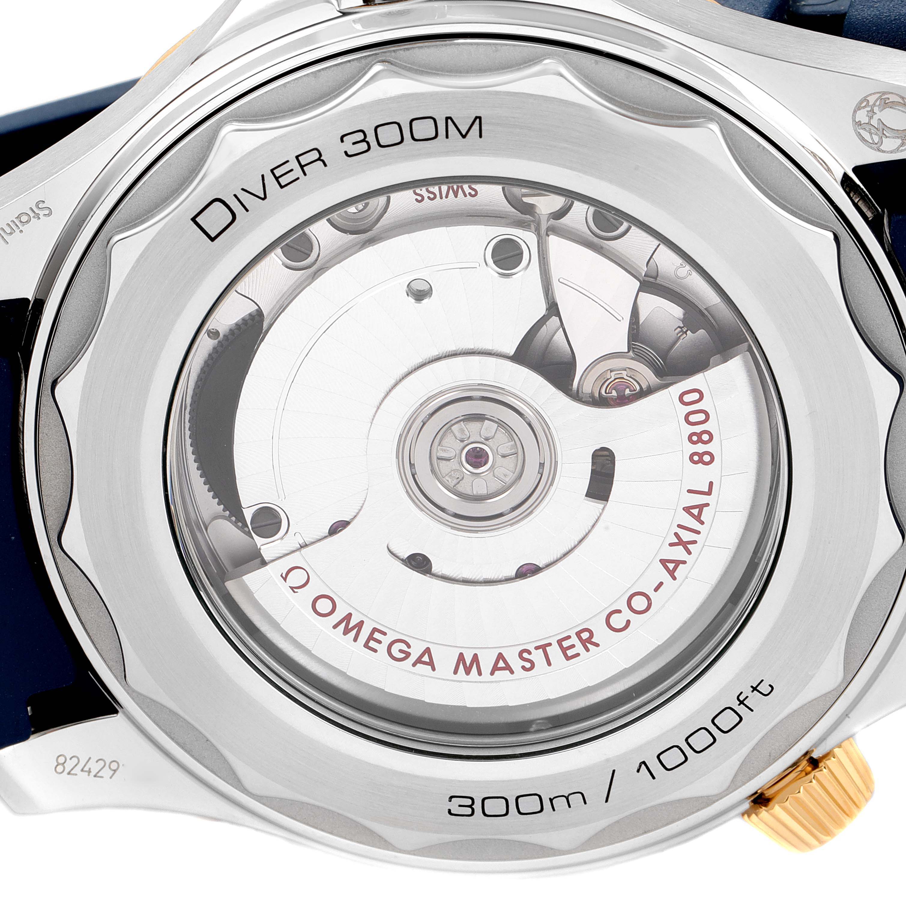 The image shows the back view of an Omega Seamaster 210.22.42.20.03.001 Men's Stainless Steel Blue Dial 210.22.42.20.03.001 Men's Stainless Steel Blue Dial watch, showcasing the movement and assembly details.