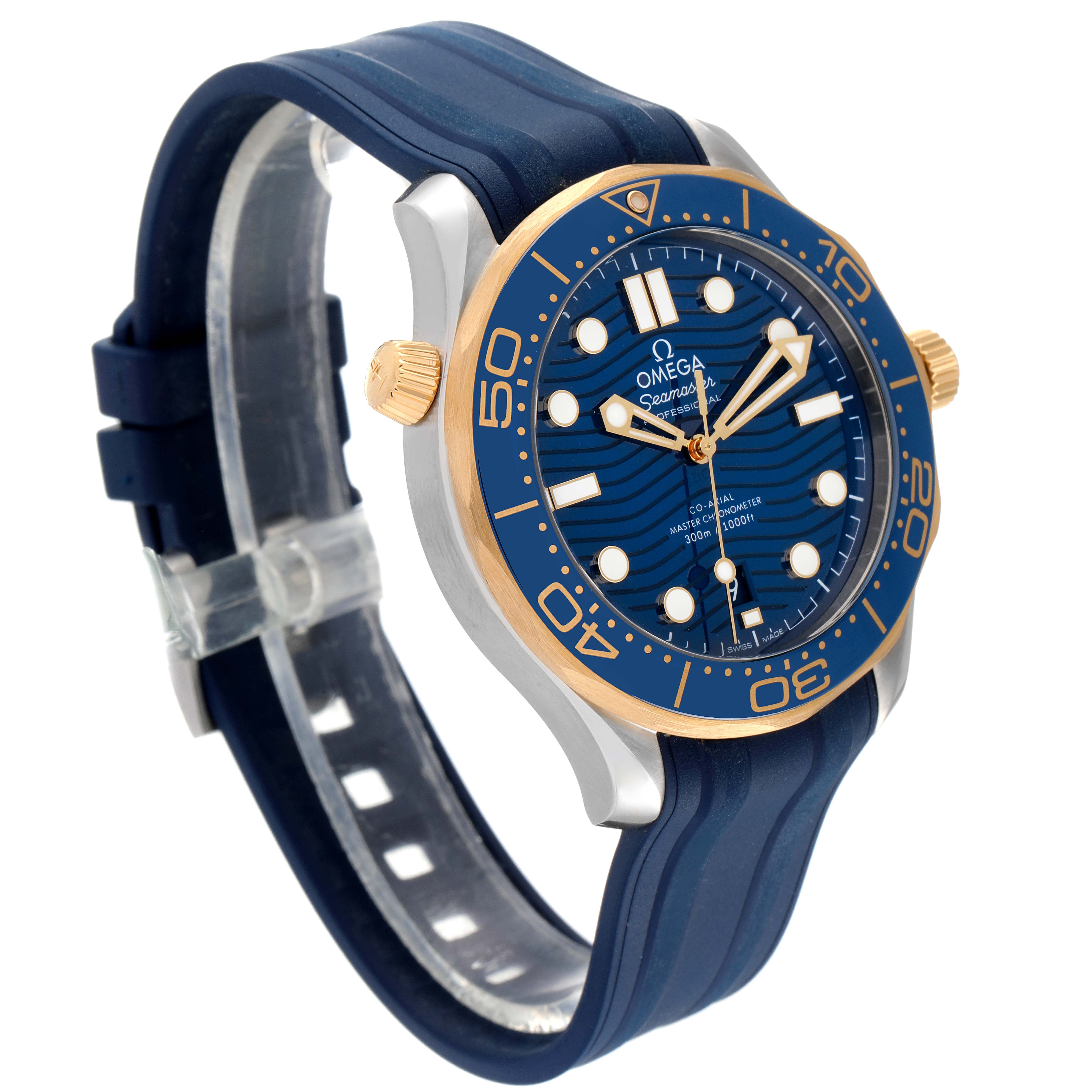 The image shows a side angle of an Omega Seamaster 210.22.42.20.03.001 Men's Stainless Steel Blue Dial 210.22.42.20.03.001 Men's Stainless Steel Blue Dial watch with a blue dial, gold accents, and a blue rubber strap.