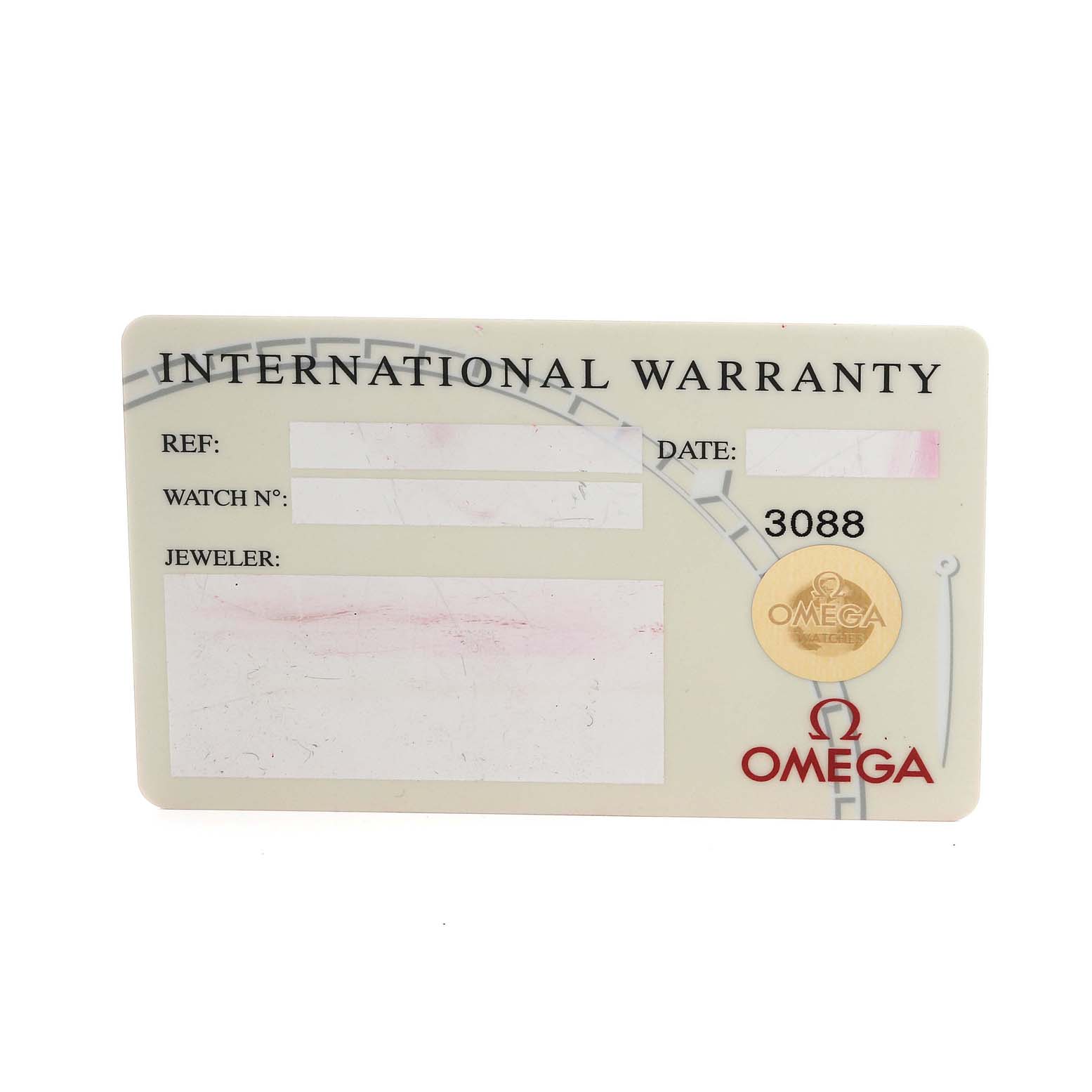 The image shows an international warranty card for the Omega 2583.80.00 Women's Stainless Steel Blue Dial 2583.80.00 Women's Stainless Steel Blue Dial Seamaster Diver 300M 28mm Steel Ladies Watch, model 2583.80.00.