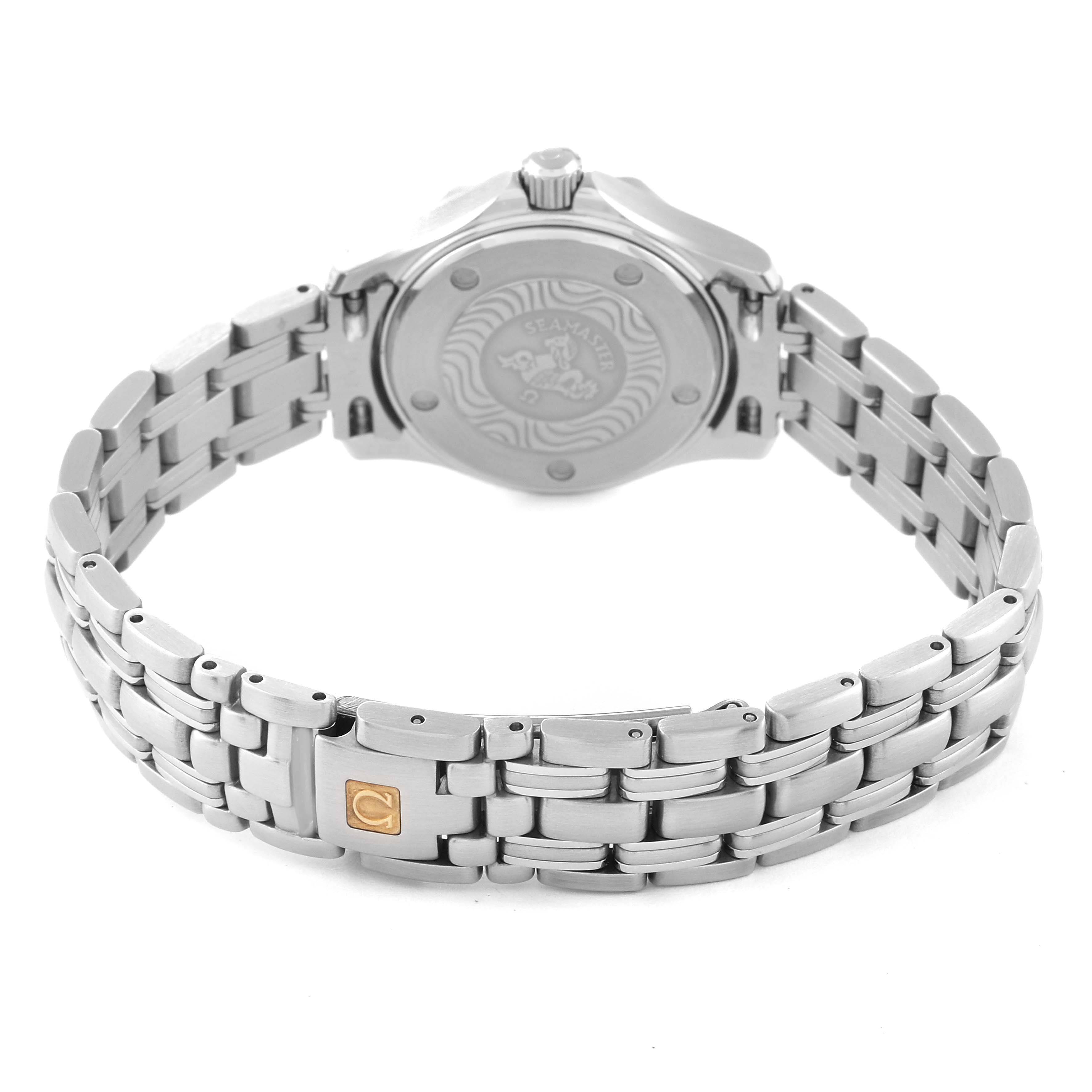 The image shows the back and bracelet of the Omega 2583.80.00 Women's Stainless Steel Blue Dial 2583.80.00 Women's Stainless Steel Blue Dial Seamaster Diver 300M 28mm Steel Ladies Watch 2583.80.00.