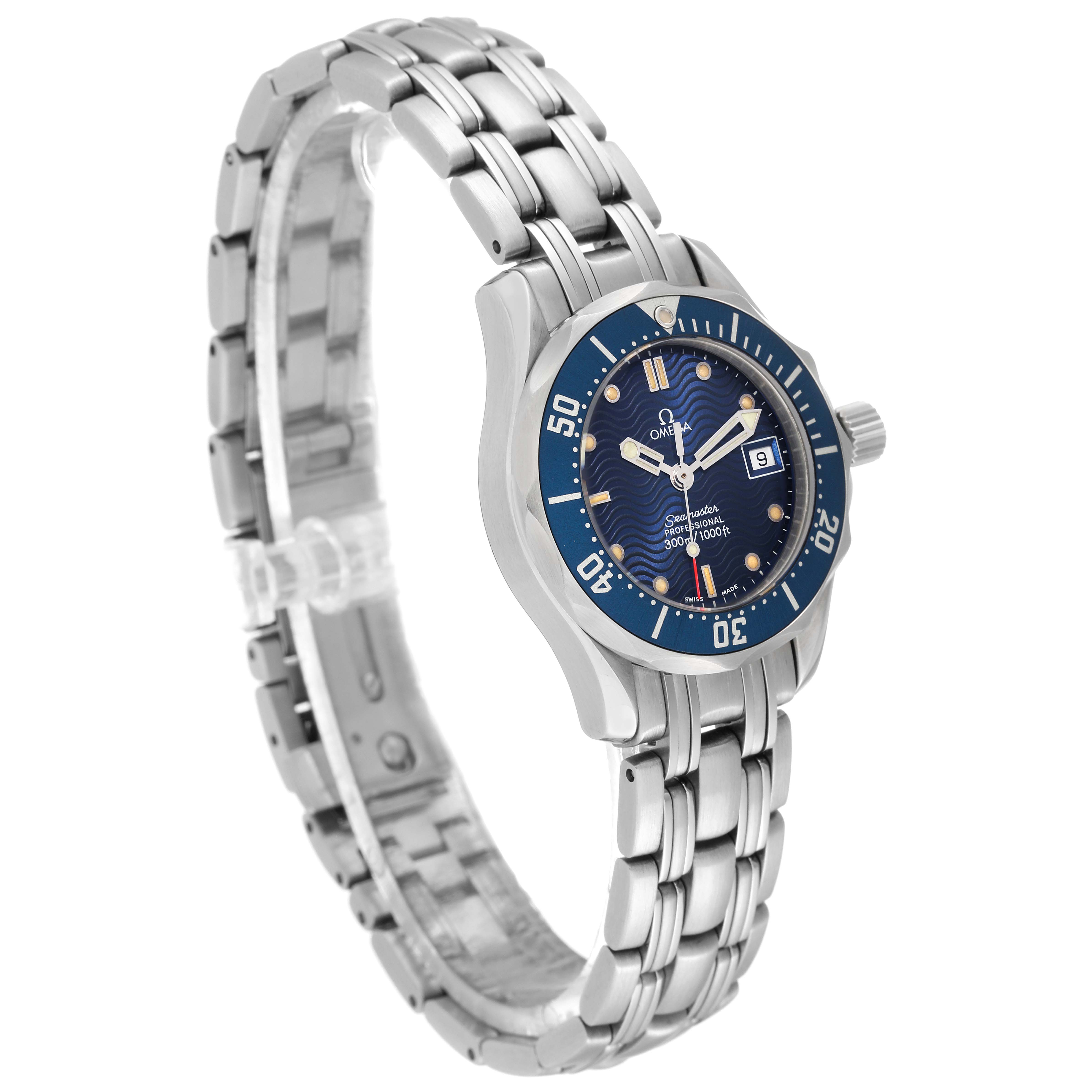 The image shows a side view of the Omega 2583.80.00 Women's Stainless Steel Blue Dial 2583.80.00 Women's Stainless Steel Blue Dial Seamaster Diver 300M 28mm Steel Ladies Watch 2583.80.00, highlighting the blue dial and steel bracelet.