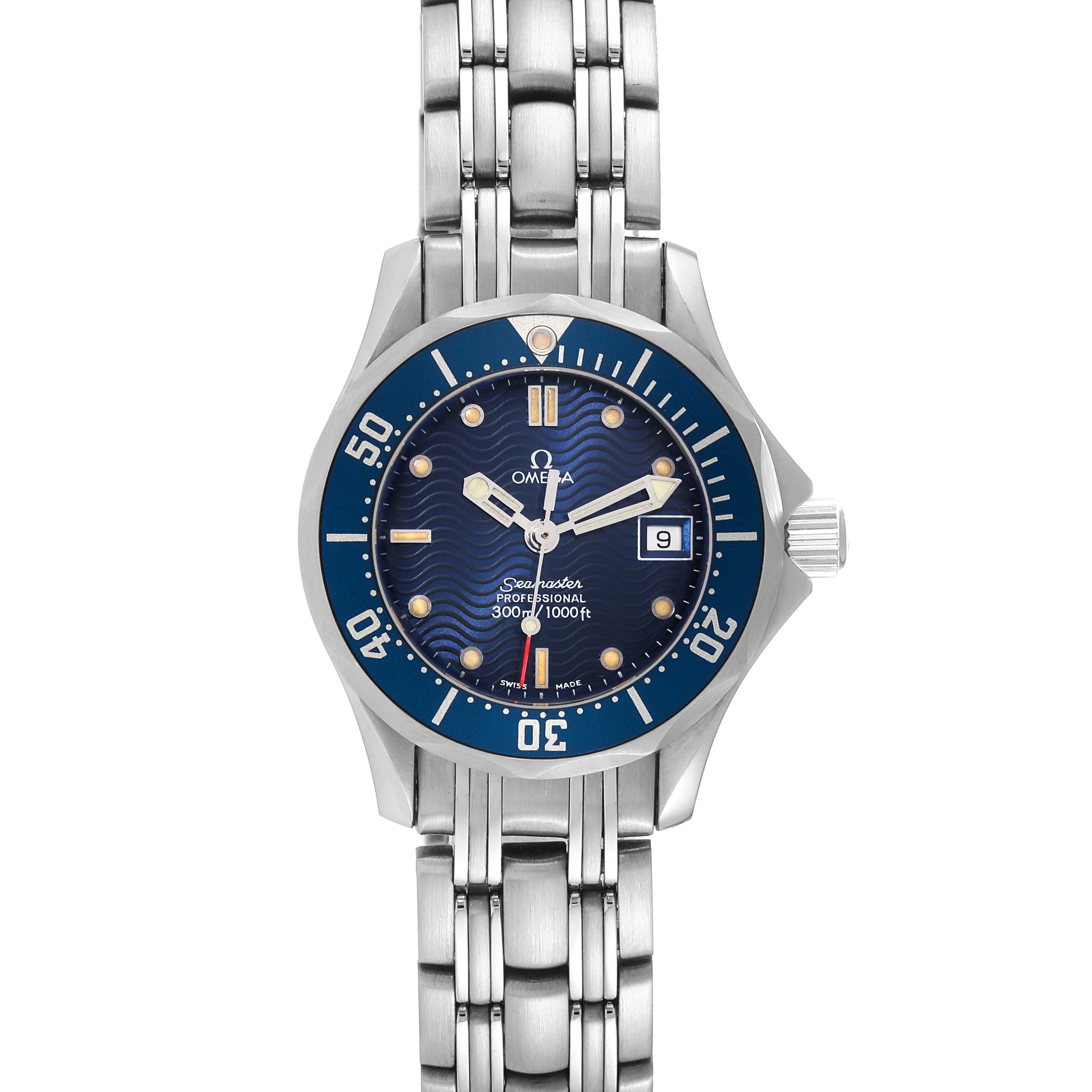 The image shows a front view of the Omega 2583.80.00 Women's Stainless Steel Blue Dial 2583.80.00 Women's Stainless Steel Blue Dial Seamaster Diver 300M 28mm Steel Ladies Watch 2583.80.00, highlighting the dial and bracelet.