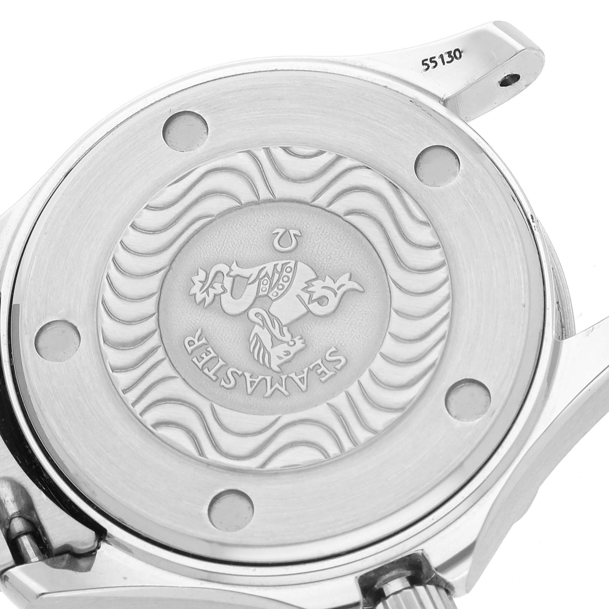 The image shows the engraved case back of an Omega 2583.80.00 Women's Stainless Steel Blue Dial 2583.80.00 Women's Stainless Steel Blue Dial Seamaster Diver 300M 28mm Steel Ladies Watch, model 2583.80.00, from a rear angle.