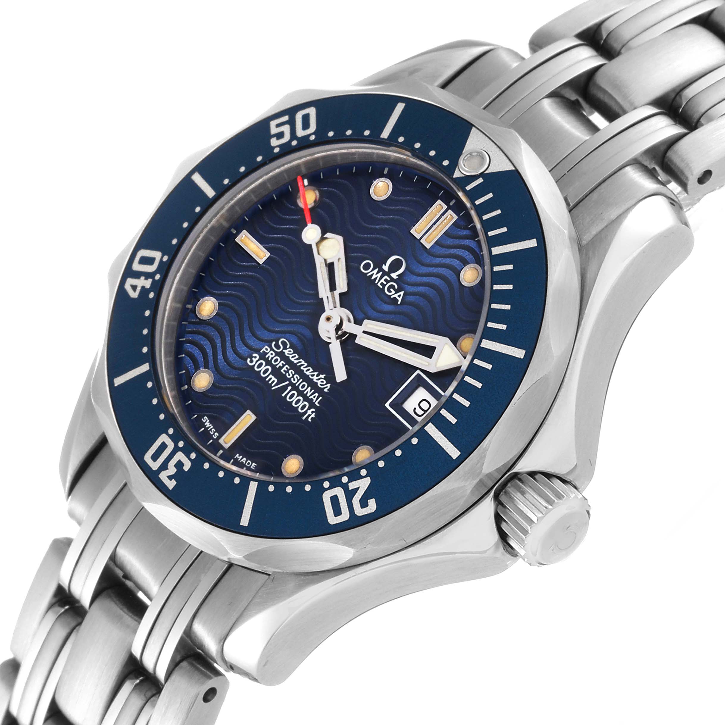 The image shows an angled view of the Omega 2583.80.00 Women's Stainless Steel Blue Dial 2583.80.00 Women's Stainless Steel Blue Dial Seamaster Diver 300M 28mm Steel Ladies Watch 2583.80.00, highlighting the face, bezel, and part of the bracelet.