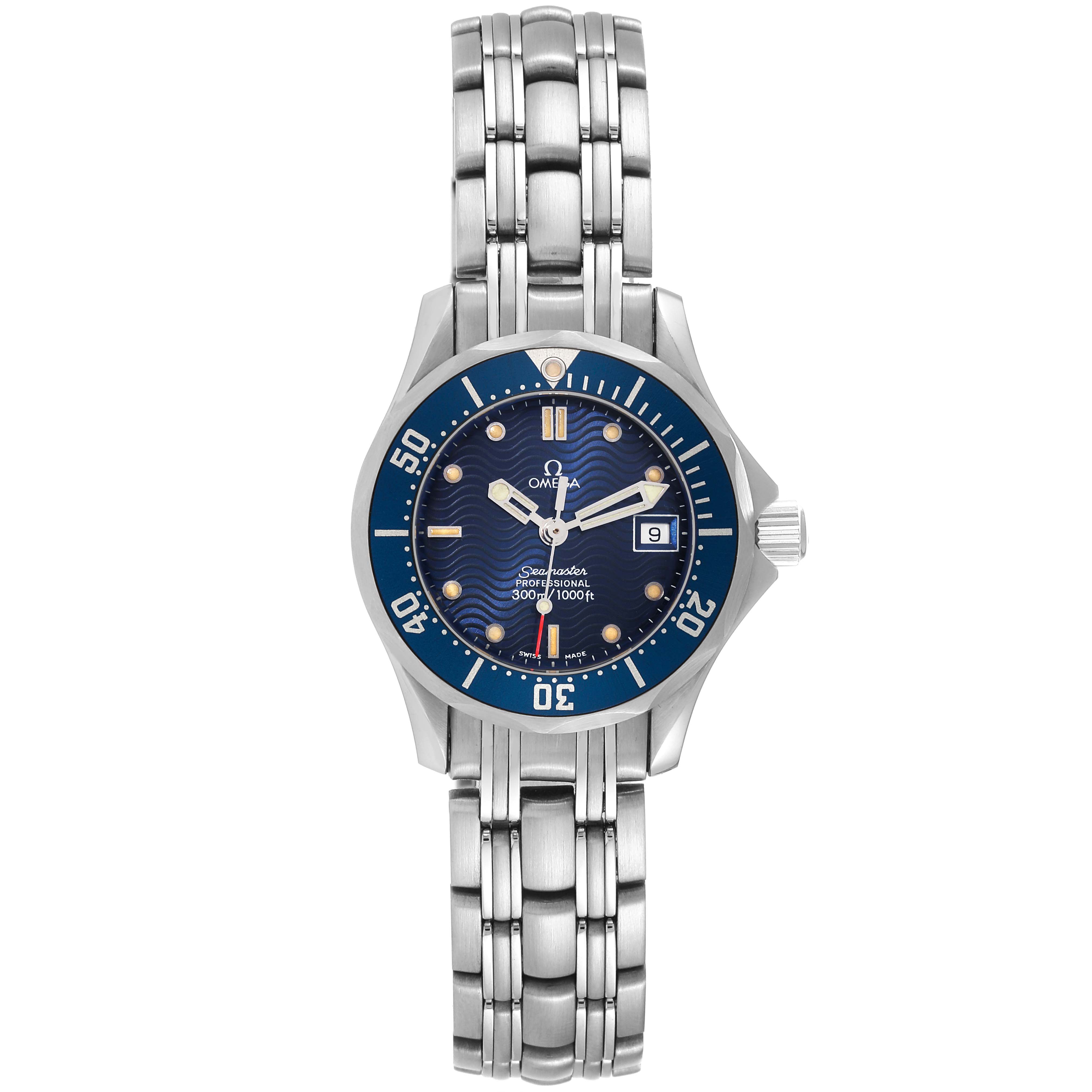 The image shows the front view of the Omega 2583.80.00 Women's Stainless Steel Blue Dial 2583.80.00 Women's Stainless Steel Blue Dial Seamaster Diver 300M 28mm Steel Ladies Watch 2583.80.00, displaying its face and bracelet.