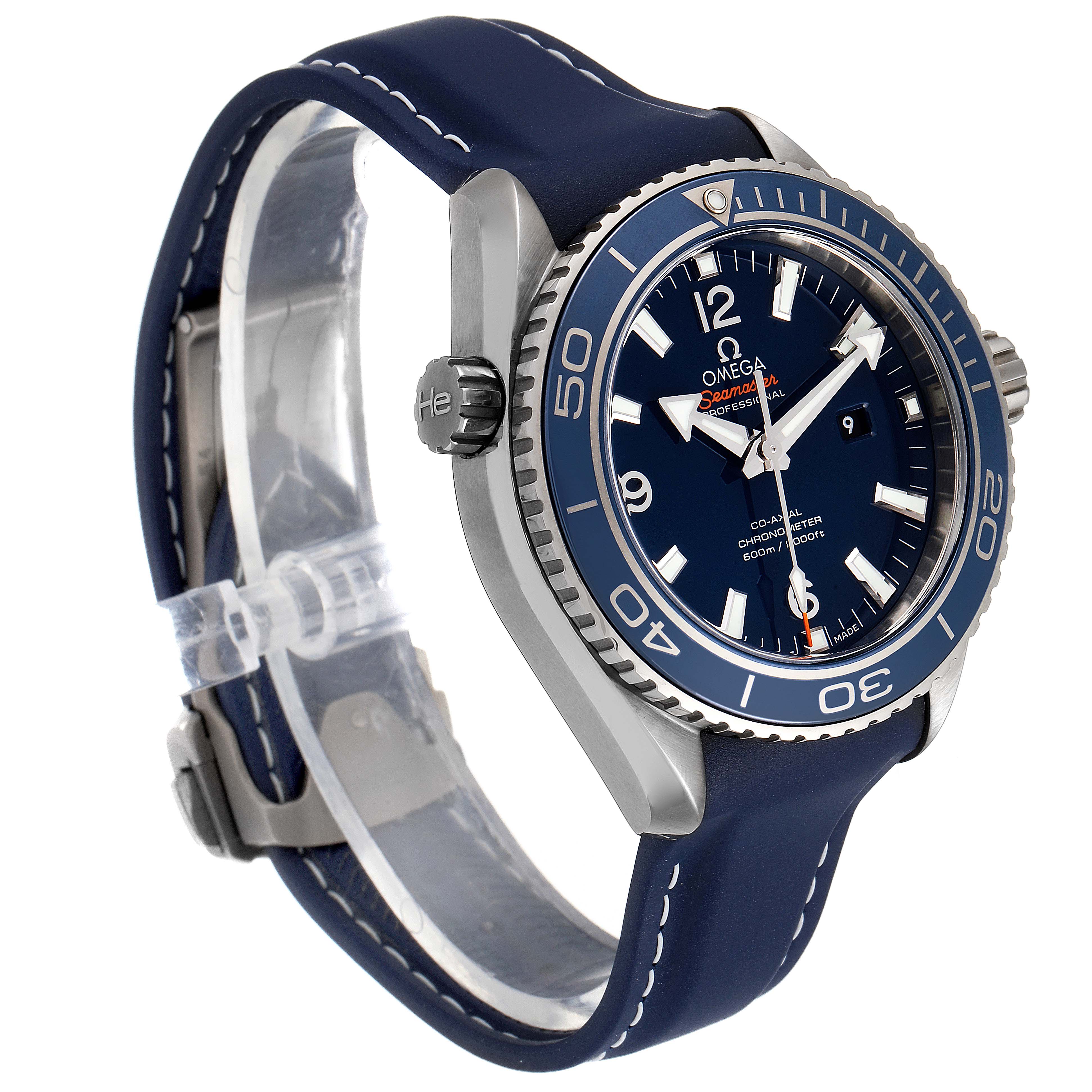 The Omega Planet Ocean 232.92.38.20.03.001 Men's Titanium Blue Dial 232.92.38.20.03.001 Men's Titanium Blue Dial watch is shown at an angle displaying its face, bezel, crown, and blue strap.