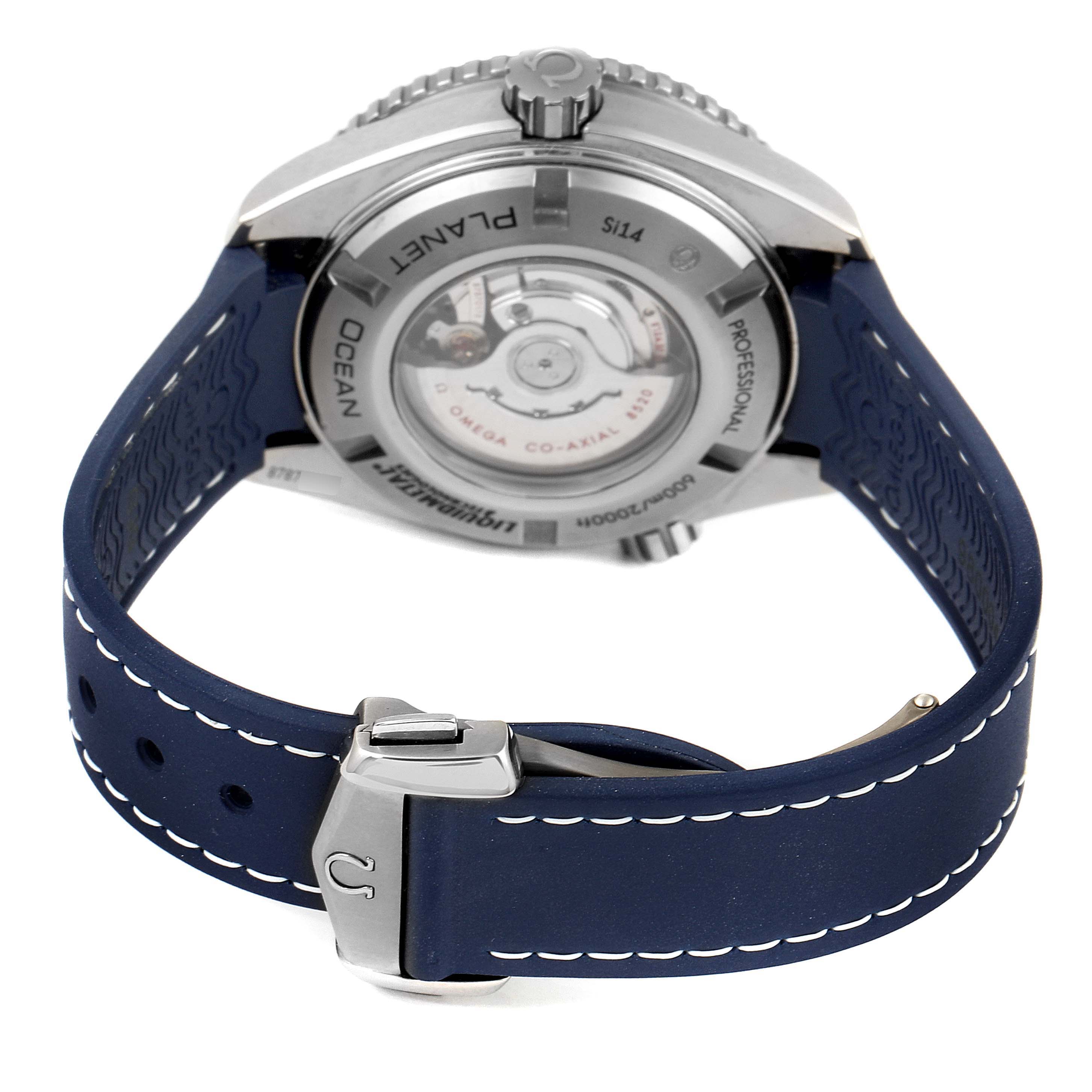 The image shows the back view of the Omega Planet Ocean 232.92.38.20.03.001 Men's Titanium Blue Dial 232.92.38.20.03.001 Men's Titanium Blue Dial watch, highlighting its case back and blue rubber strap.