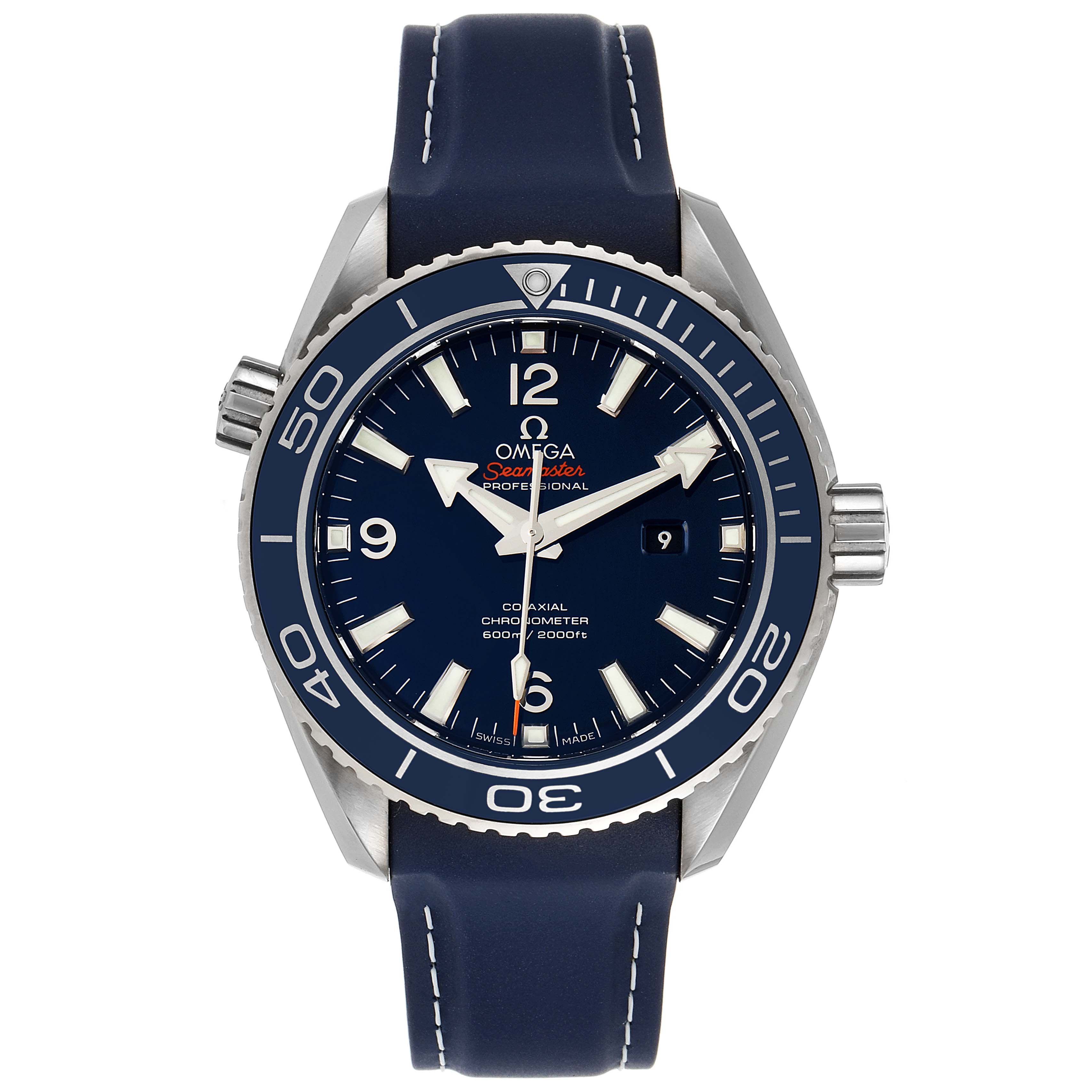 The image shows a front view of the Omega Planet Ocean 232.92.38.20.03.001 Men's Titanium Blue Dial 232.92.38.20.03.001 Men's Titanium Blue Dial watch, featuring the dial, bezel, crown, and strap.