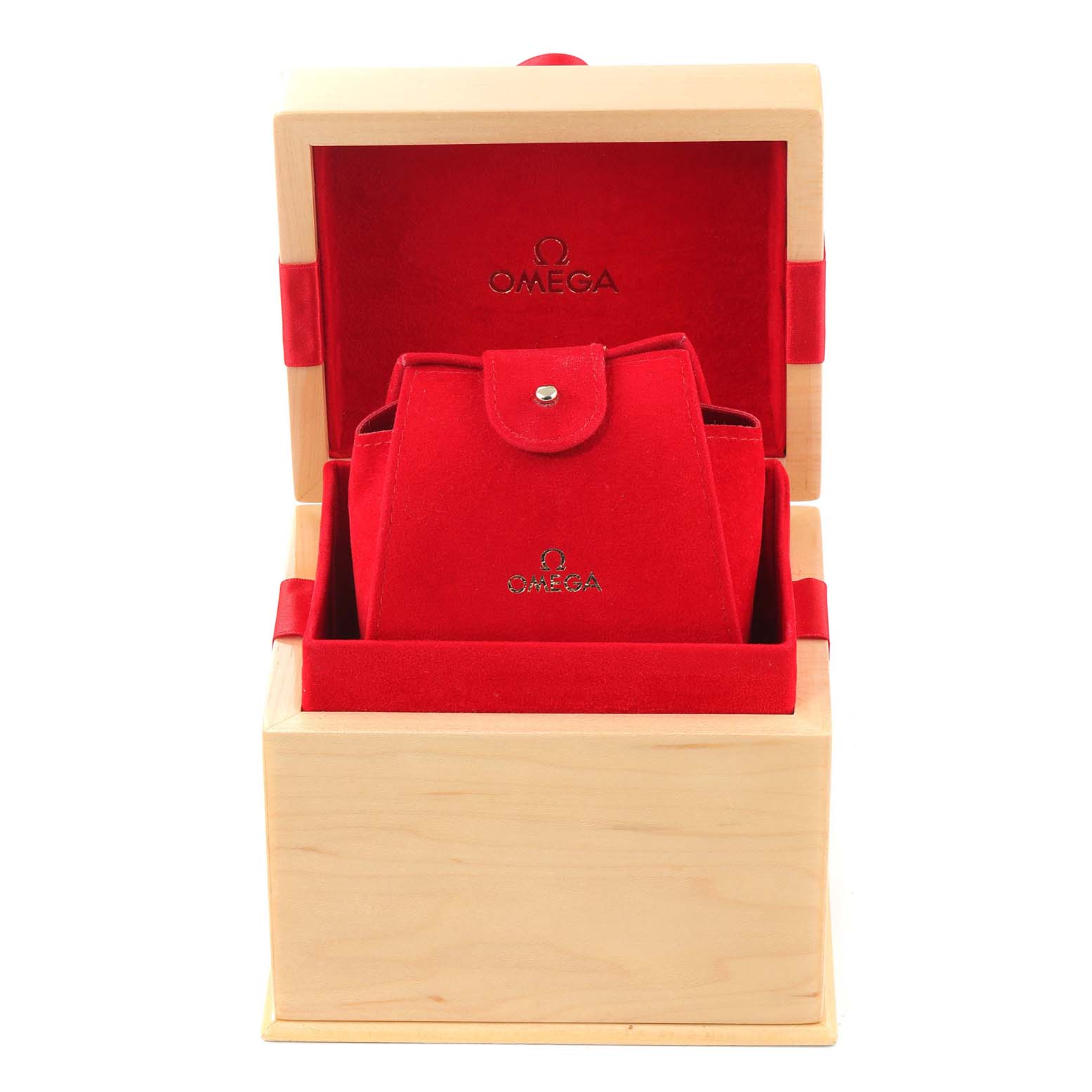 The image shows the packaging for an Omega Speedmaster 324.28.38.40.06.001 Men's Steel and Gold (two tone) Grey Dial 324.28.38.40.06.001 Men's Steel and Gold (two tone) Grey Dial watch, featuring a red suede inner box inside a wooden outer box.