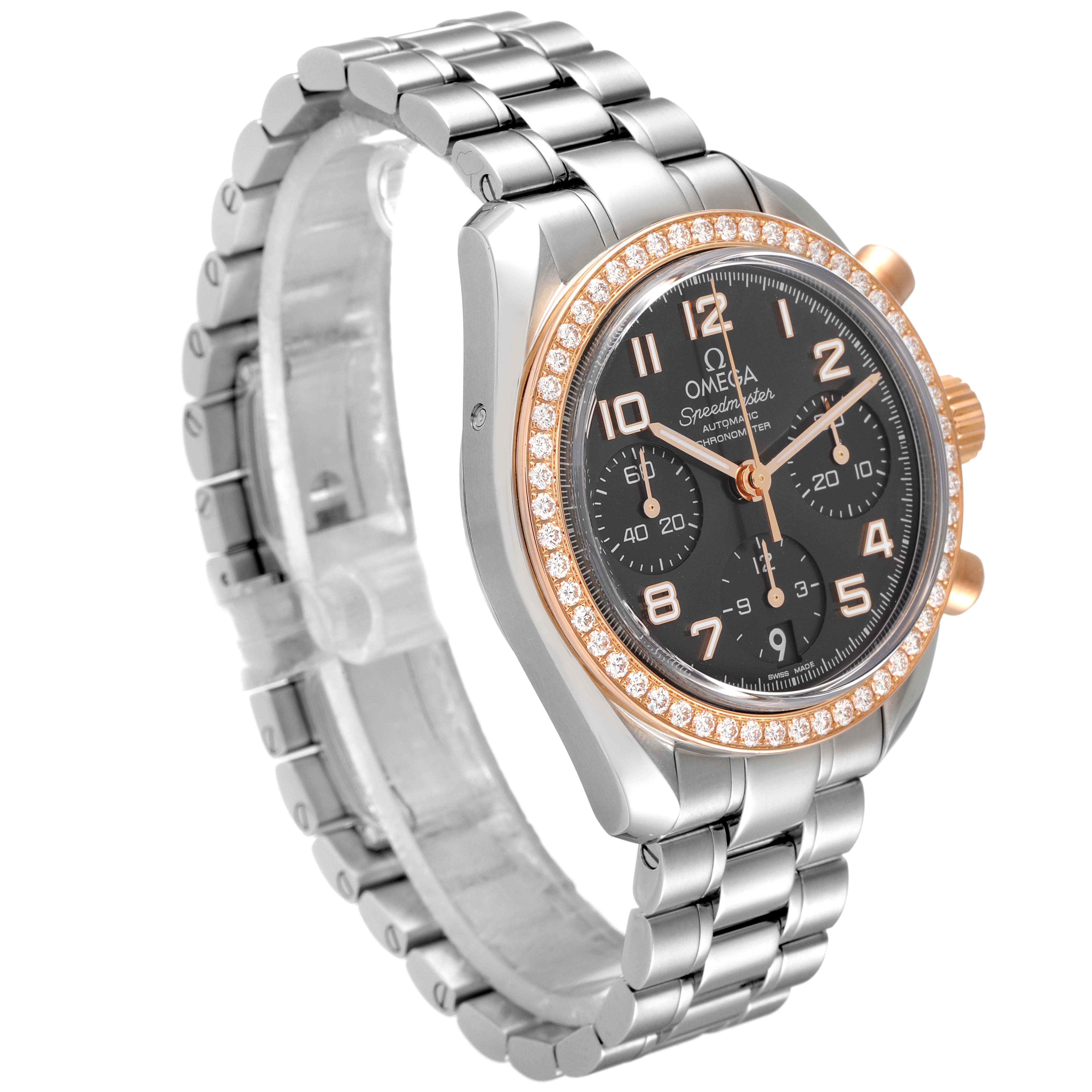 The image shows a three-quarter view of an Omega Speedmaster 324.28.38.40.06.001 Men's Steel and Gold (two tone) Grey Dial 324.28.38.40.06.001 Men's Steel and Gold (two tone) Grey Dial watch, highlighting the dial, bezel, and bracelet.