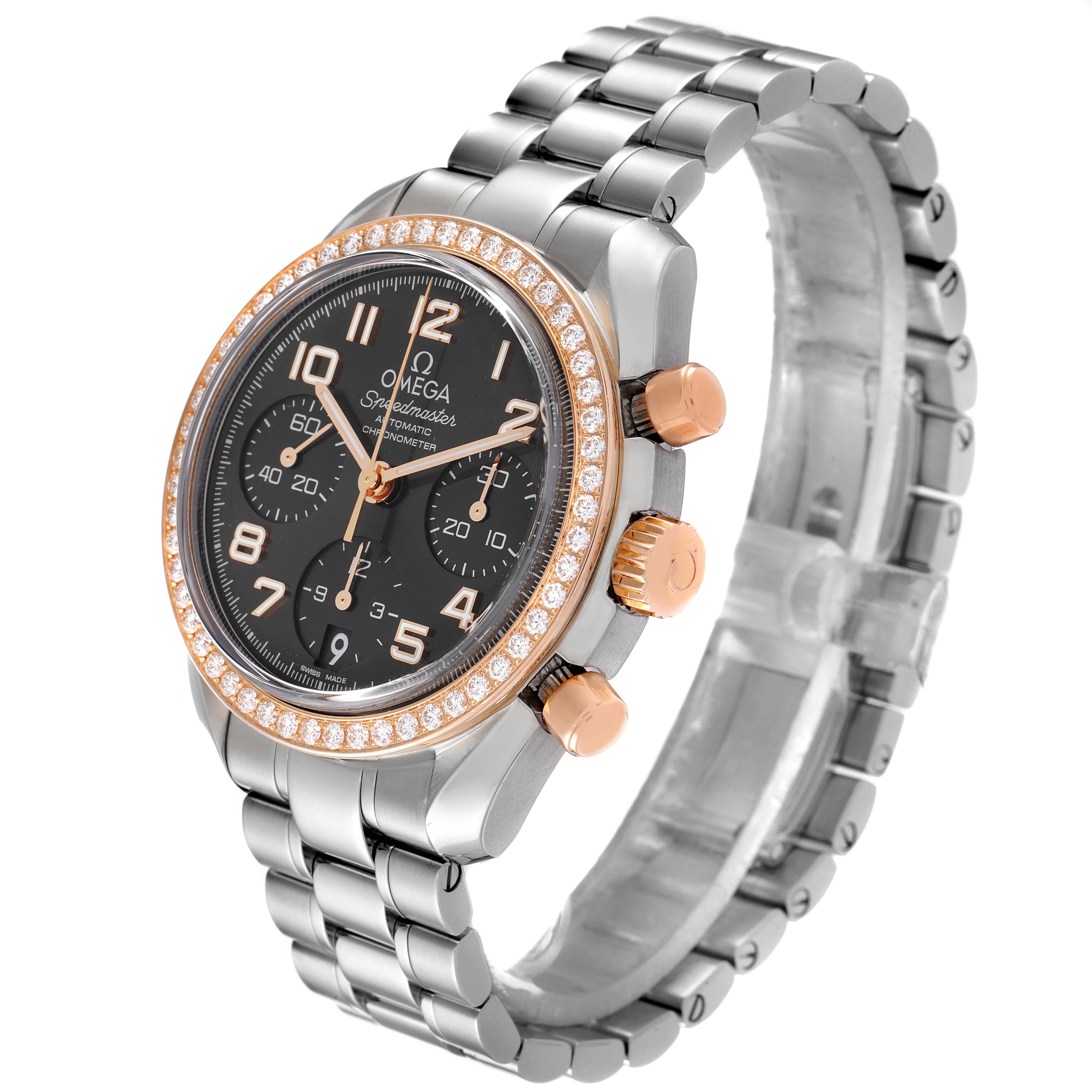 The Omega Speedmaster 324.28.38.40.06.001 Men's Steel and Gold (two tone) Grey Dial 324.28.38.40.06.001 Men's Steel and Gold (two tone) Grey Dial watch is shown from an angled side view, highlighting its face, bezel, and metal bracelet.