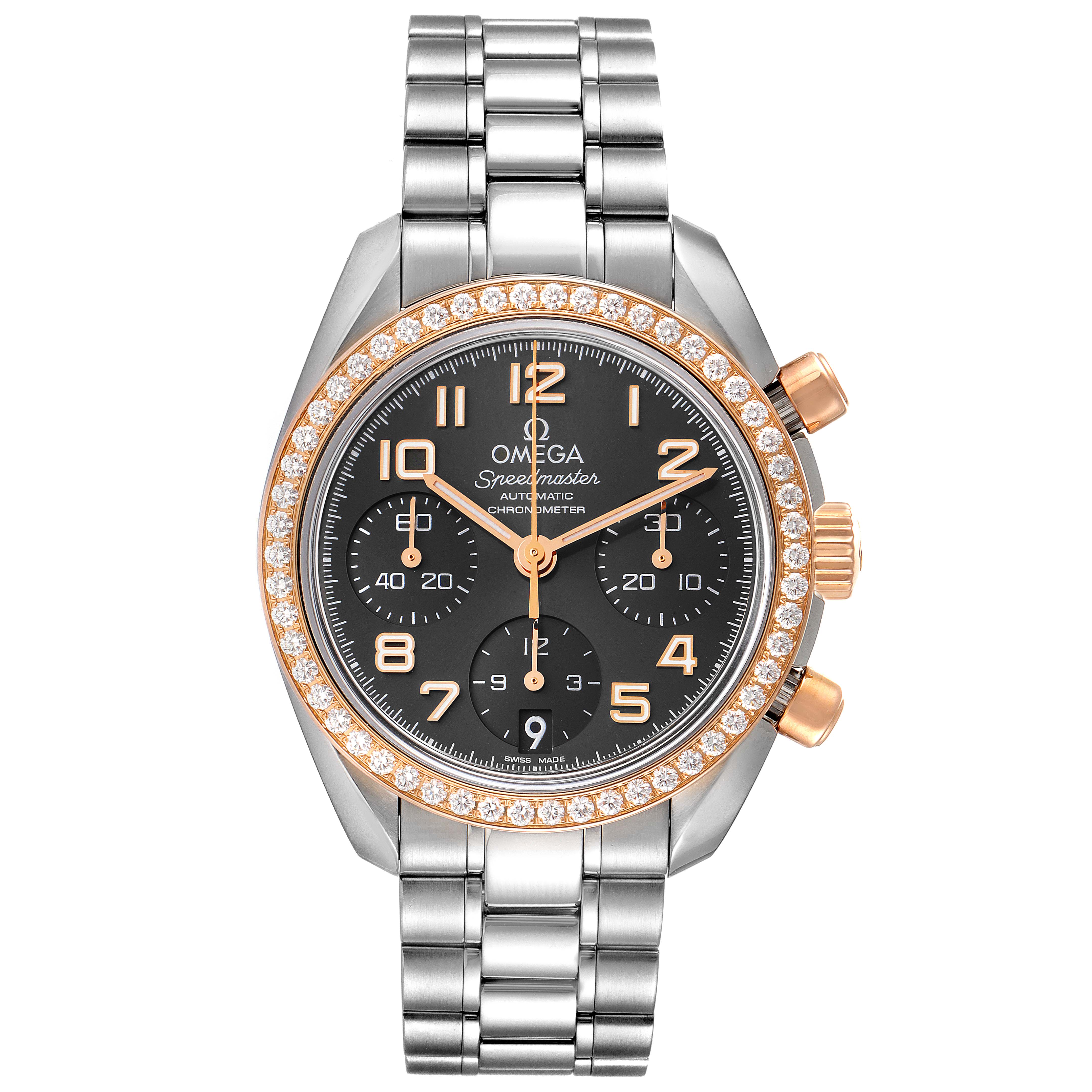 This image shows a frontal view of an Omega Speedmaster 324.28.38.40.06.001 Men's Steel and Gold (two tone) Grey Dial 324.28.38.40.06.001 Men's Steel and Gold (two tone) Grey Dial watch, highlighting its dial, bezel, crown, pushers, and bracelet.