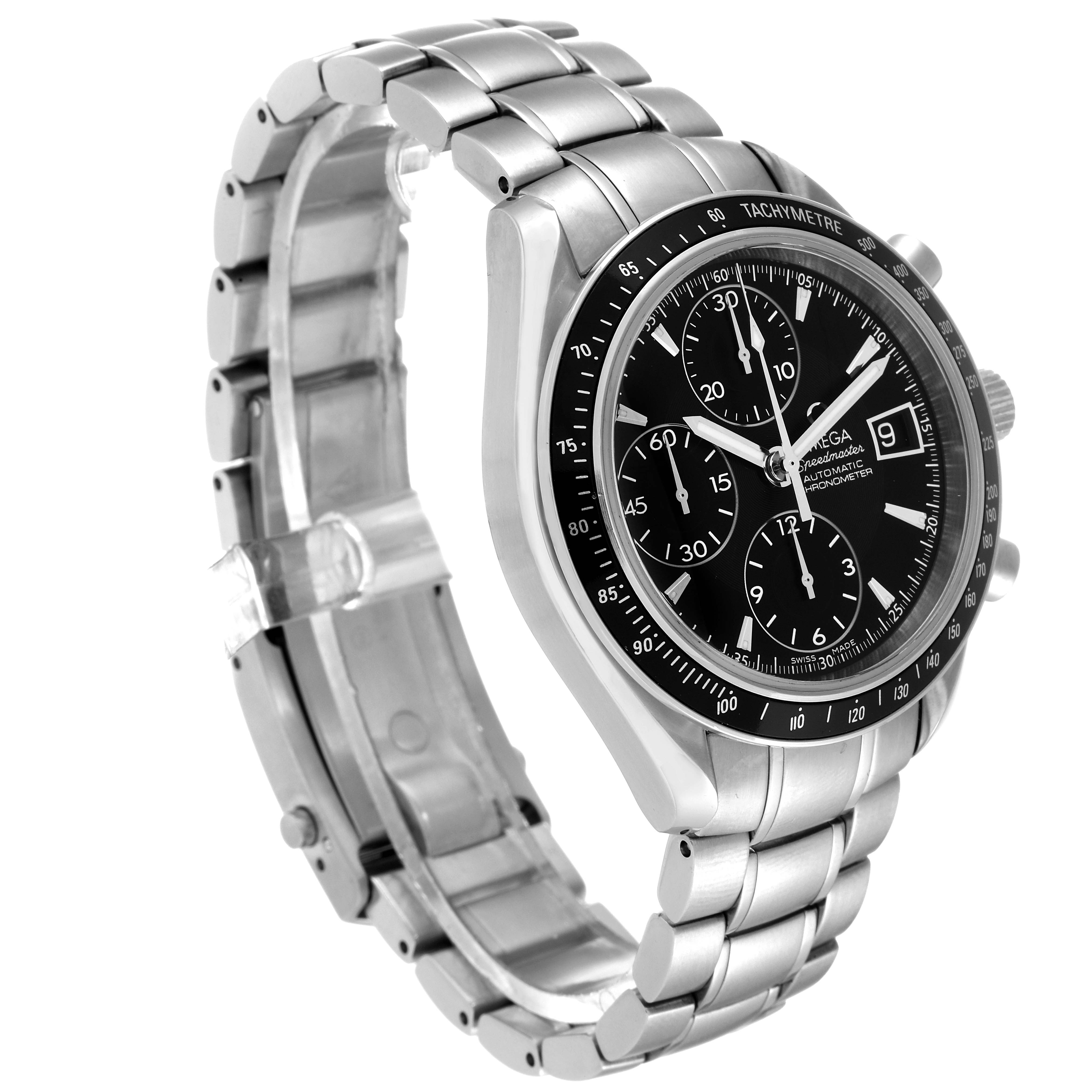 The image shows the Omega Speedmaster 3210.50.00 Men's Stainless Steel Black Dial 3210.50.00 Men's Stainless Steel Black Dial watch from a three-quarter view, highlighting its face, bezel, and stainless steel bracelet.
