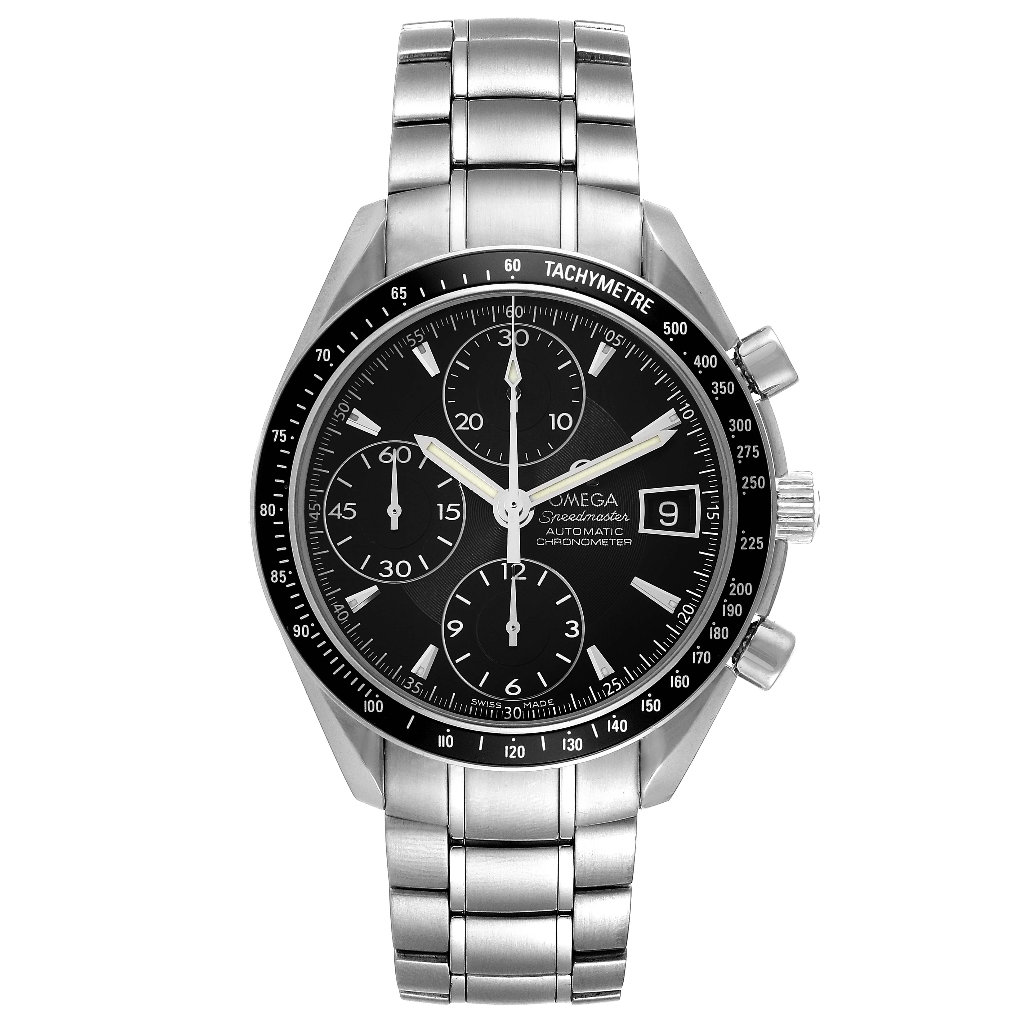 The image shows the Omega Speedmaster 3210.50.00 Men's Stainless Steel Black Dial 3210.50.00 Men's Stainless Steel Black Dial watch from the front, highlighting its dial, bezel, pushers, and stainless steel bracelet.