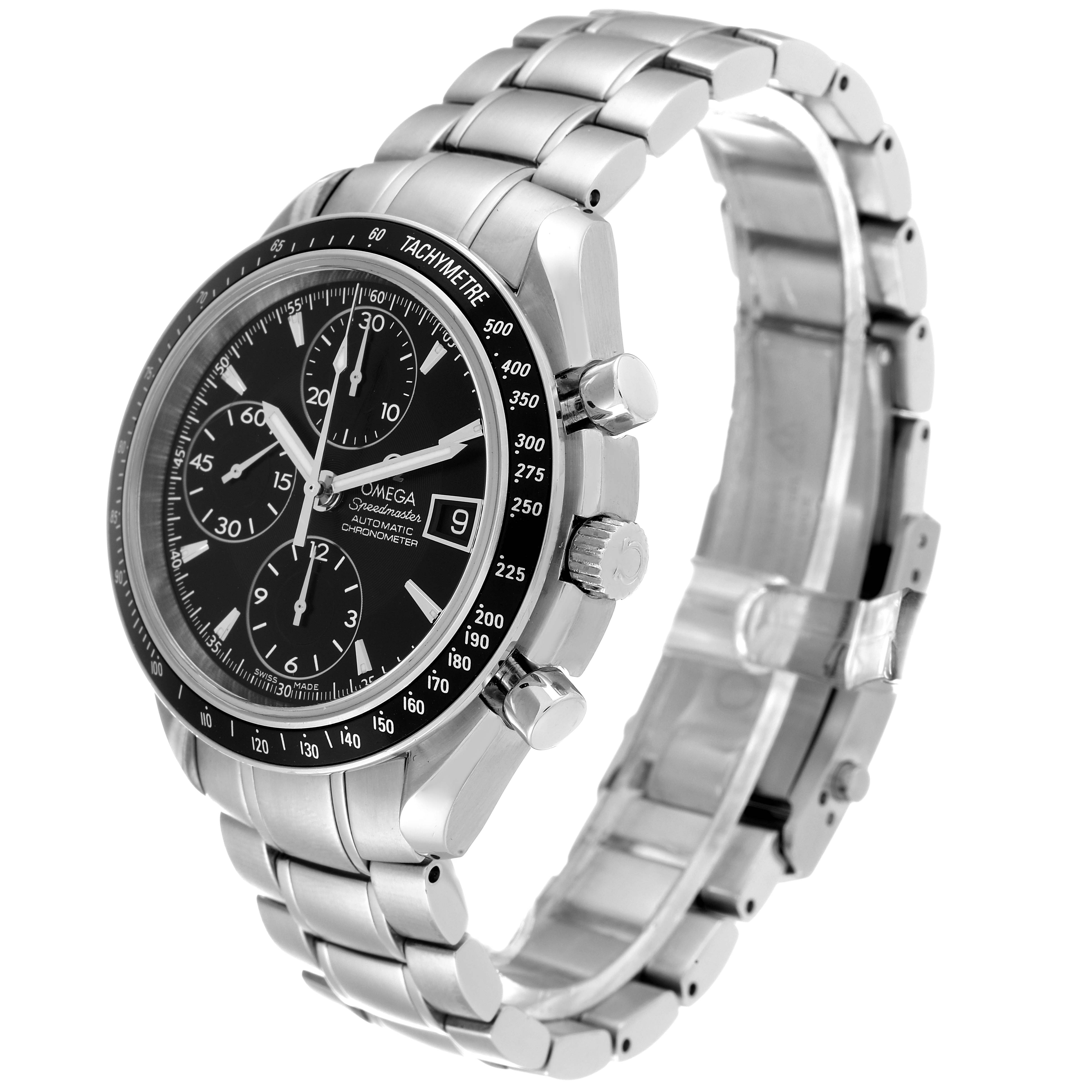 The image shows an Omega Speedmaster 3210.50.00 Men's Stainless Steel Black Dial 3210.50.00 Men's Stainless Steel Black Dial watch at a slight angle, clearly displaying its stainless steel bracelet, black dial, and tachymeter bezel.