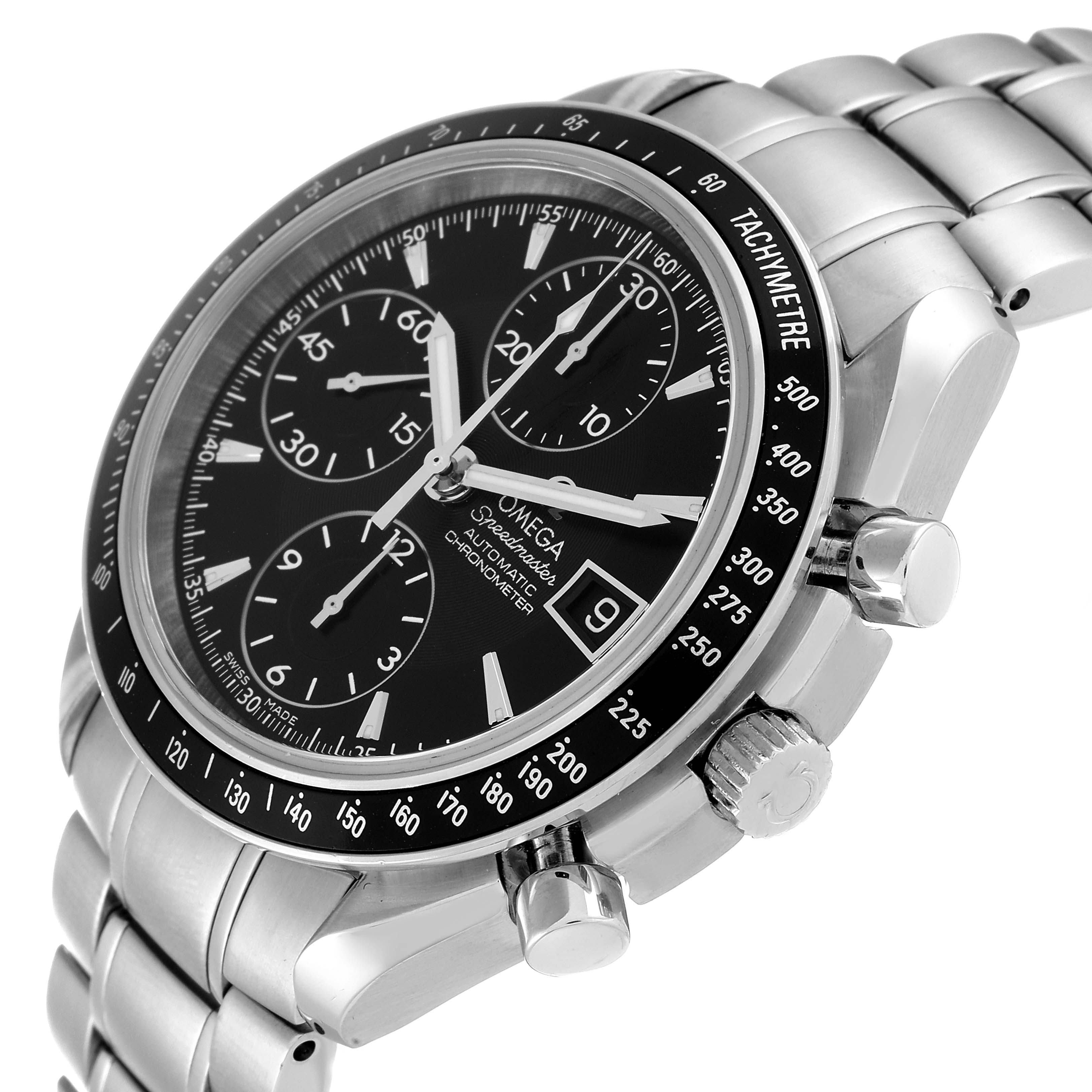 The Omega Speedmaster 3210.50.00 Men's Stainless Steel Black Dial 3210.50.00 Men's Stainless Steel Black Dial watch is shown at an angle displaying the face, bezel, crown, and chronograph buttons.