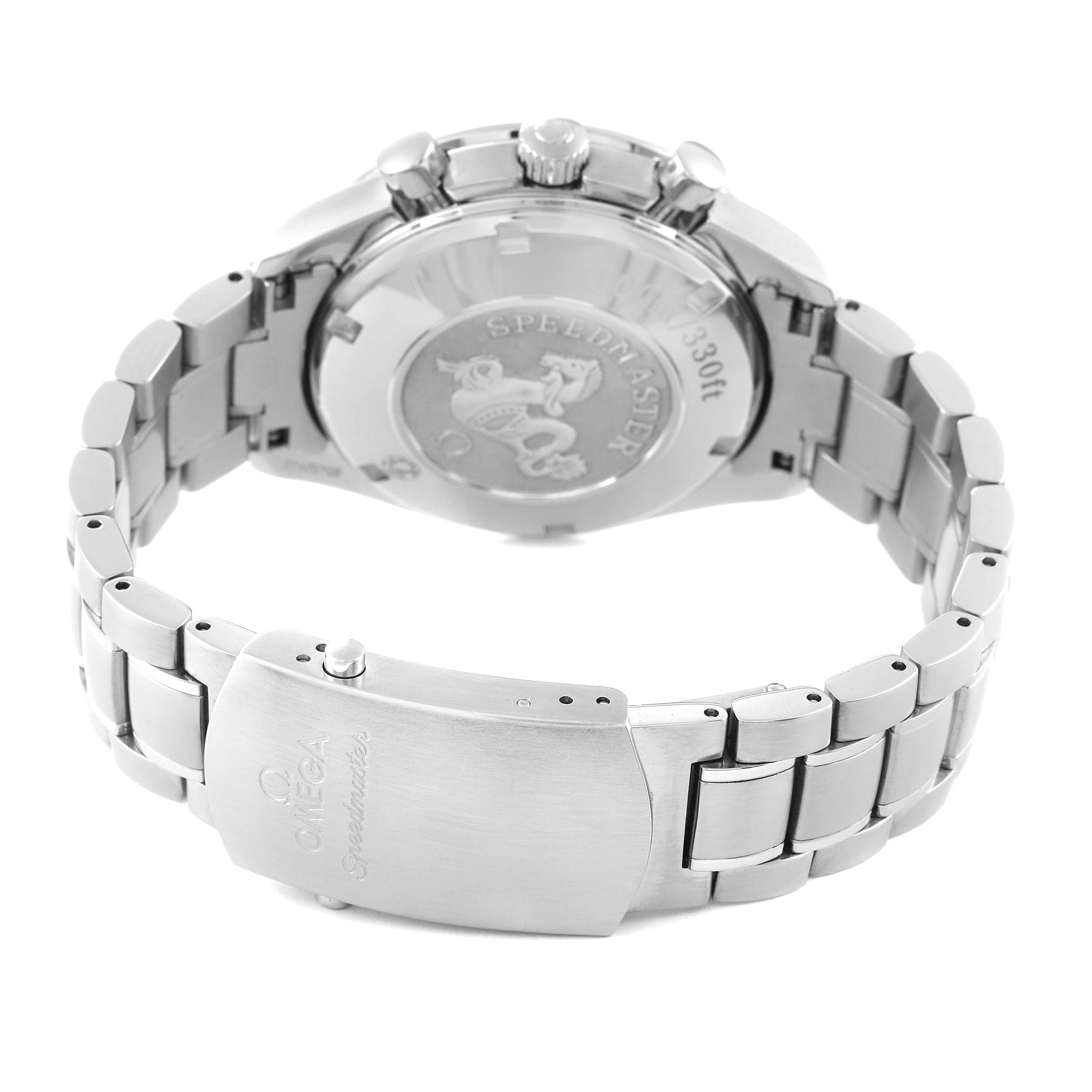 The image shows the back angle of the Omega Speedmaster 3210.50.00 Men's Stainless Steel Black Dial 3210.50.00 Men's Stainless Steel Black Dial watch, highlighting its clasp, bracelet, and engraved case back.