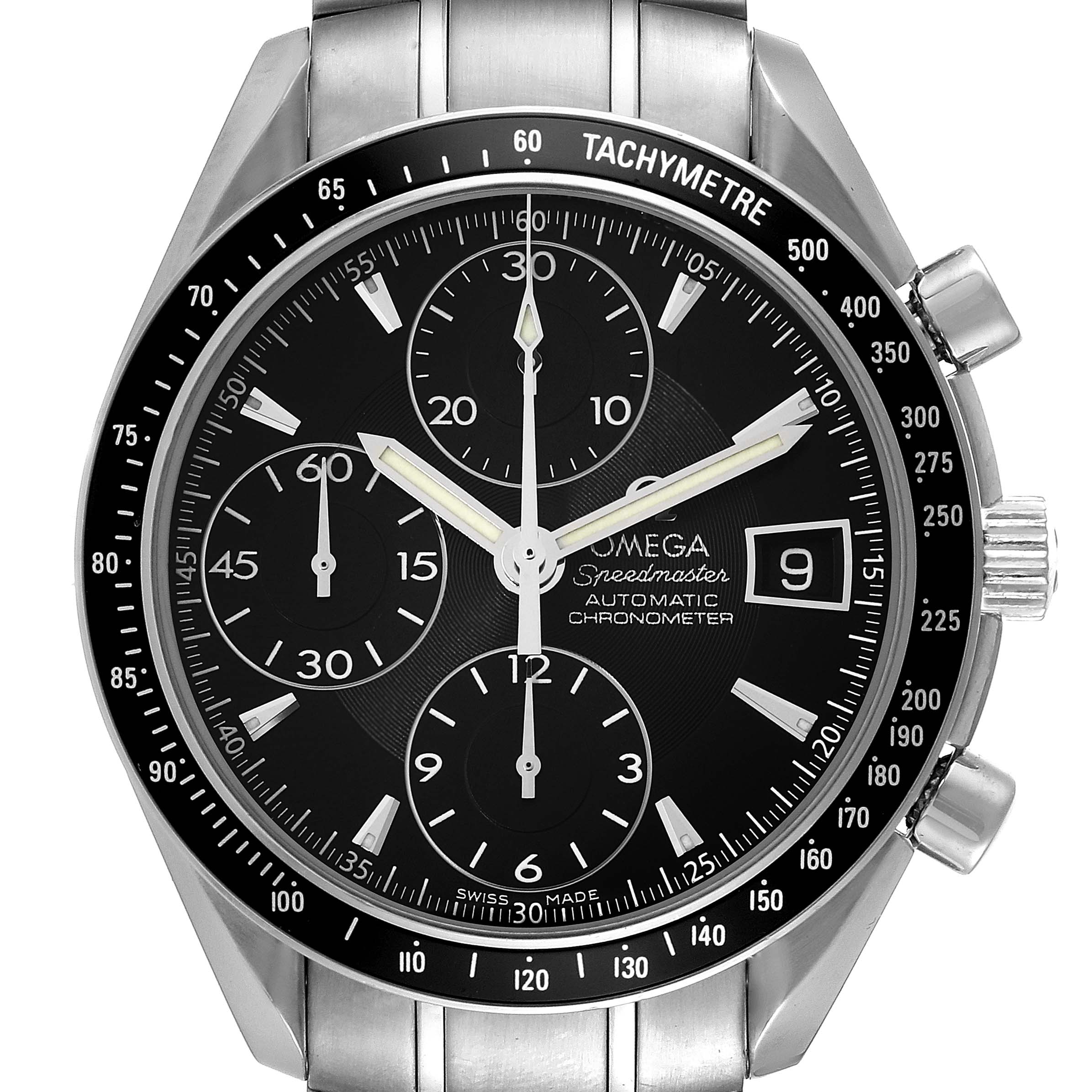 The image shows a front view of the Omega Speedmaster 3210.50.00 Men's Stainless Steel Black Dial 3210.50.00 Men's Stainless Steel Black Dial watch, displaying its dial, chronograph sub-dials, tachymeter bezel, and date window.